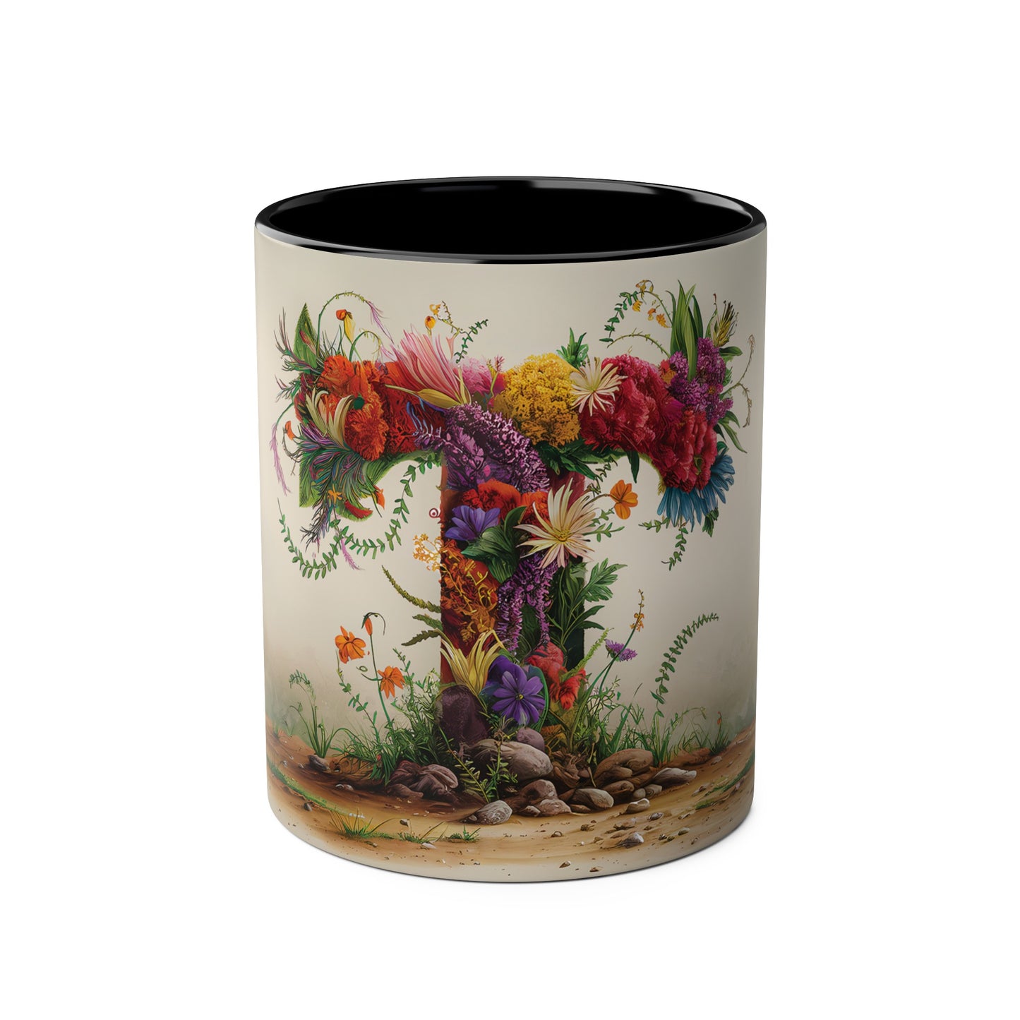 Floral Fantasy Two-Tone Ceramic Mug with Letter T Black-01