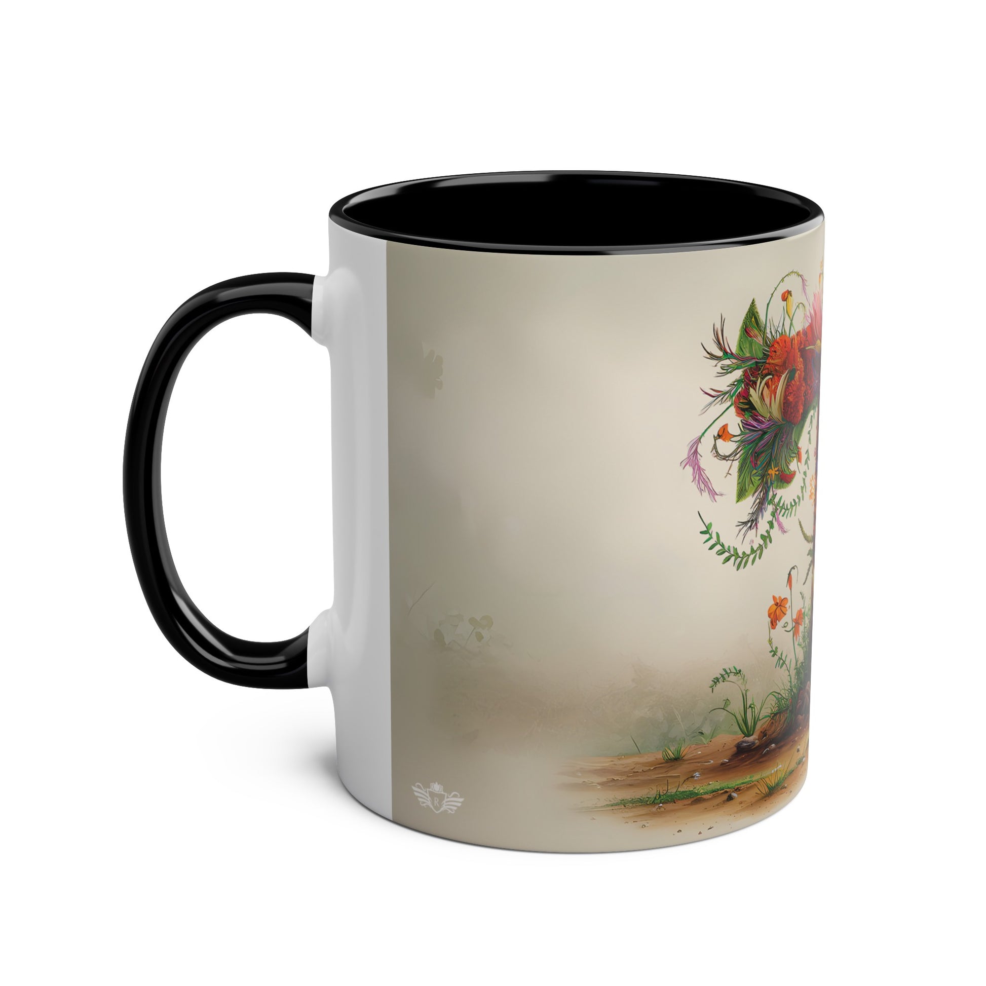 Floral Fantasy Two-Tone Ceramic Mug with Letter T Black-02