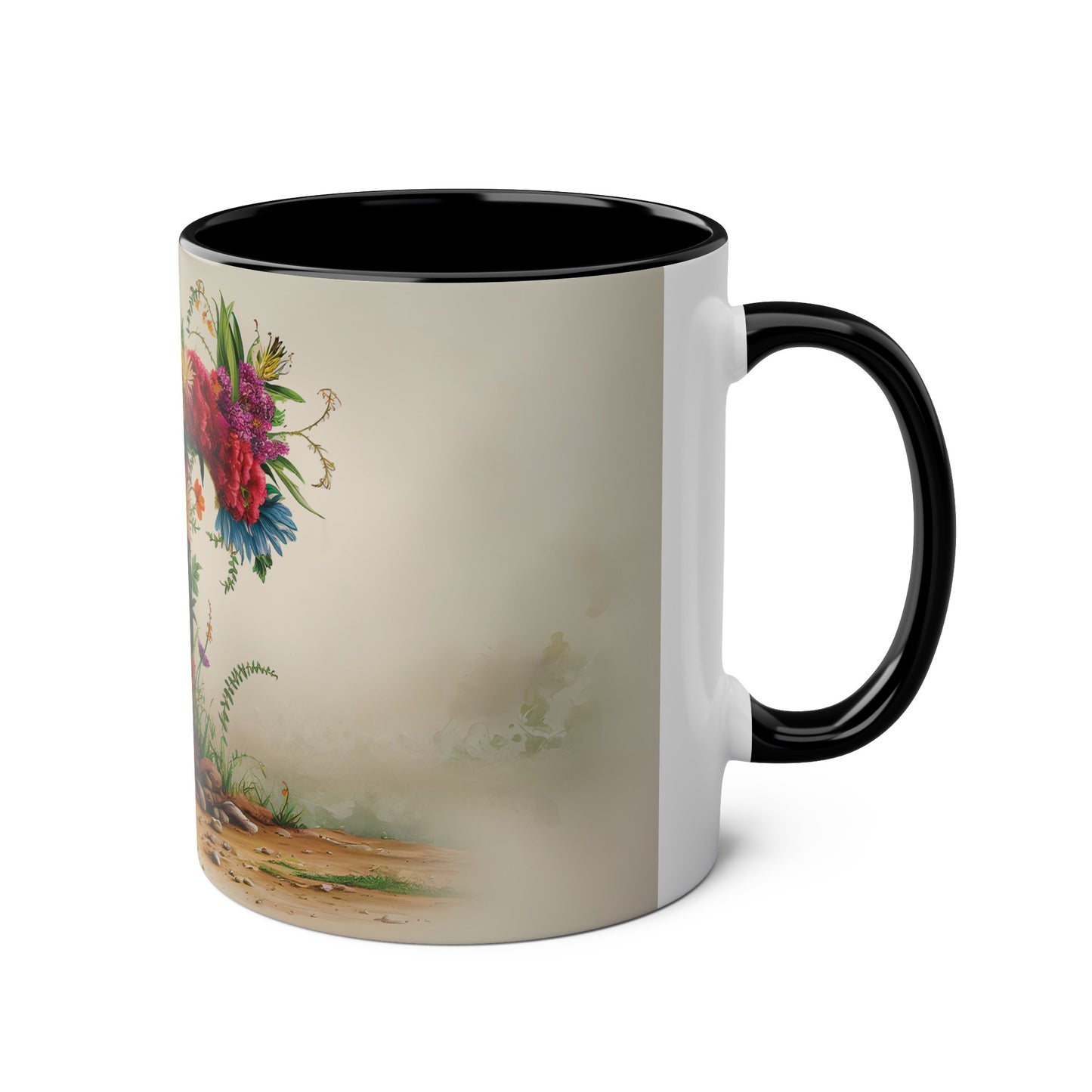 Floral Fantasy Two-Tone Ceramic Mug with Letter T Black-03