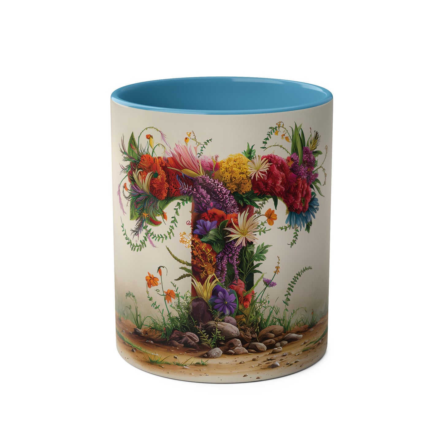 Floral Fantasy Two-Tone Ceramic Mug with Letter T Blue-01