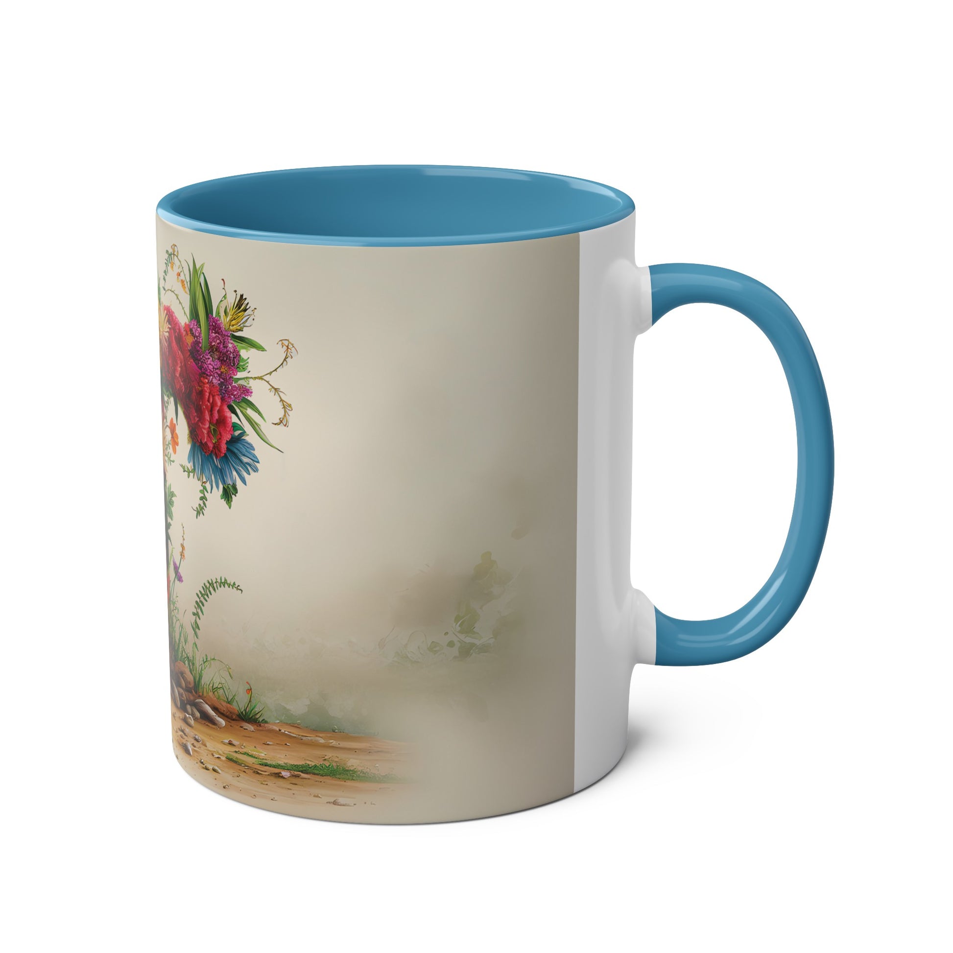 Floral Fantasy Two-Tone Ceramic Mug with Letter T Blue-03