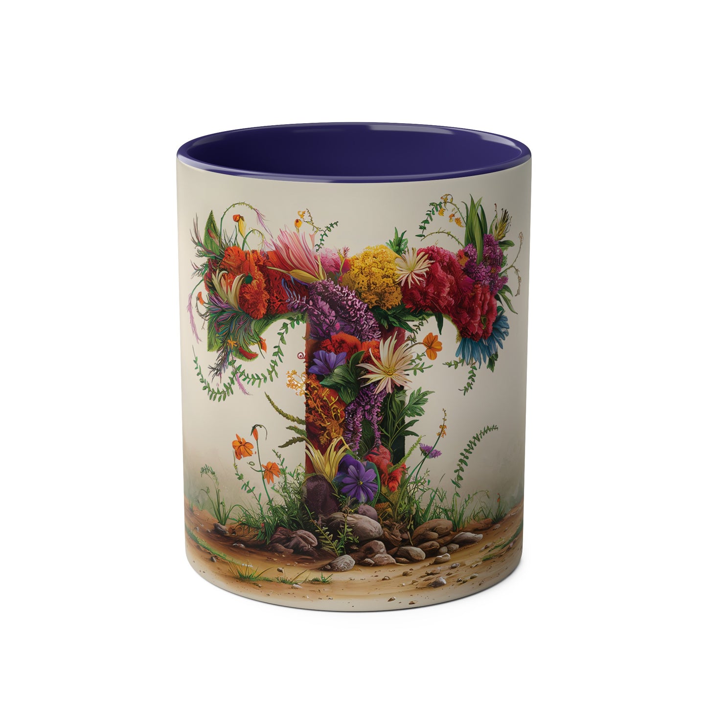 Floral Fantasy Two-Tone Ceramic Mug with Letter T Dark Blue-01