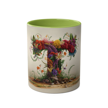 Floral Fantasy Two-Tone Ceramic Mug with Letter T