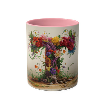 Floral Fantasy Two-Tone Ceramic Mug with Letter T Pink-01