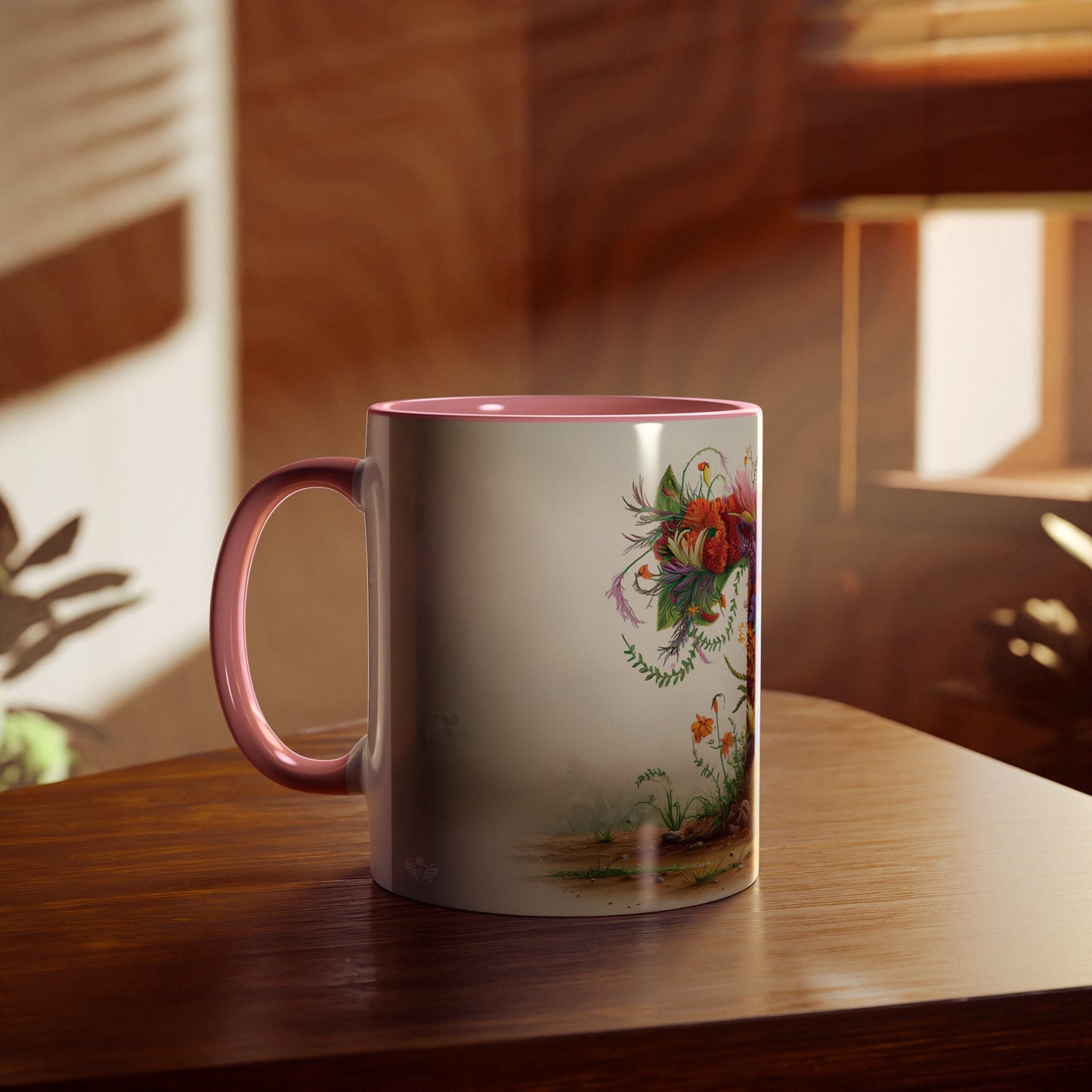 Floral Fantasy Two-Tone Ceramic Mug with Letter T Pink-04