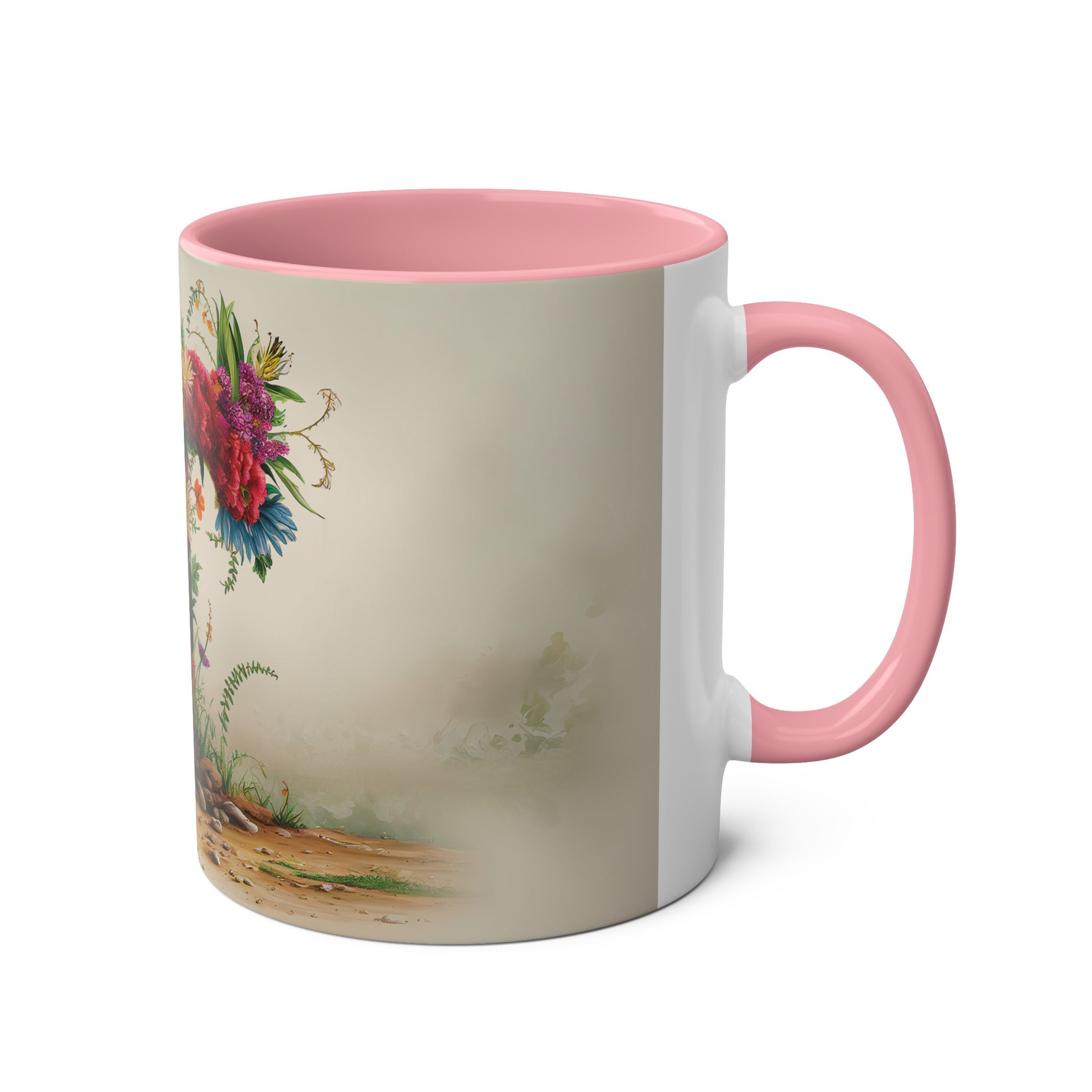 Floral Fantasy Two-Tone Ceramic Mug with Letter T Pink-03