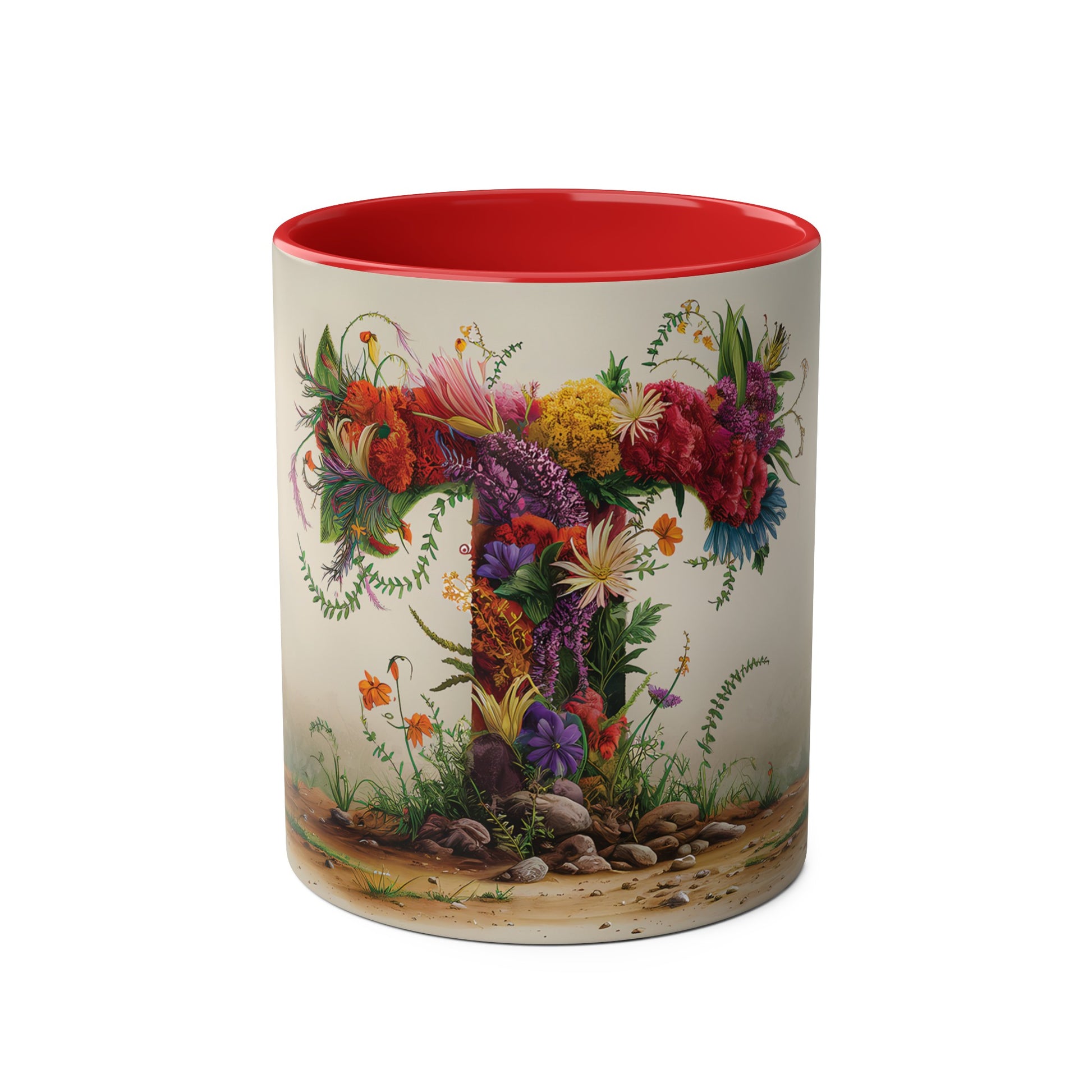 Floral Fantasy Two-Tone Ceramic Mug with Letter T Red-01