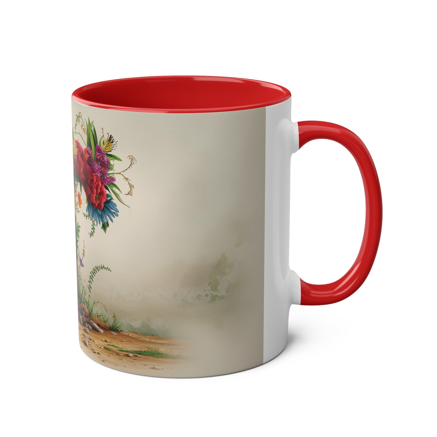 Floral Fantasy Two-Tone Ceramic Mug with Letter T Red-03