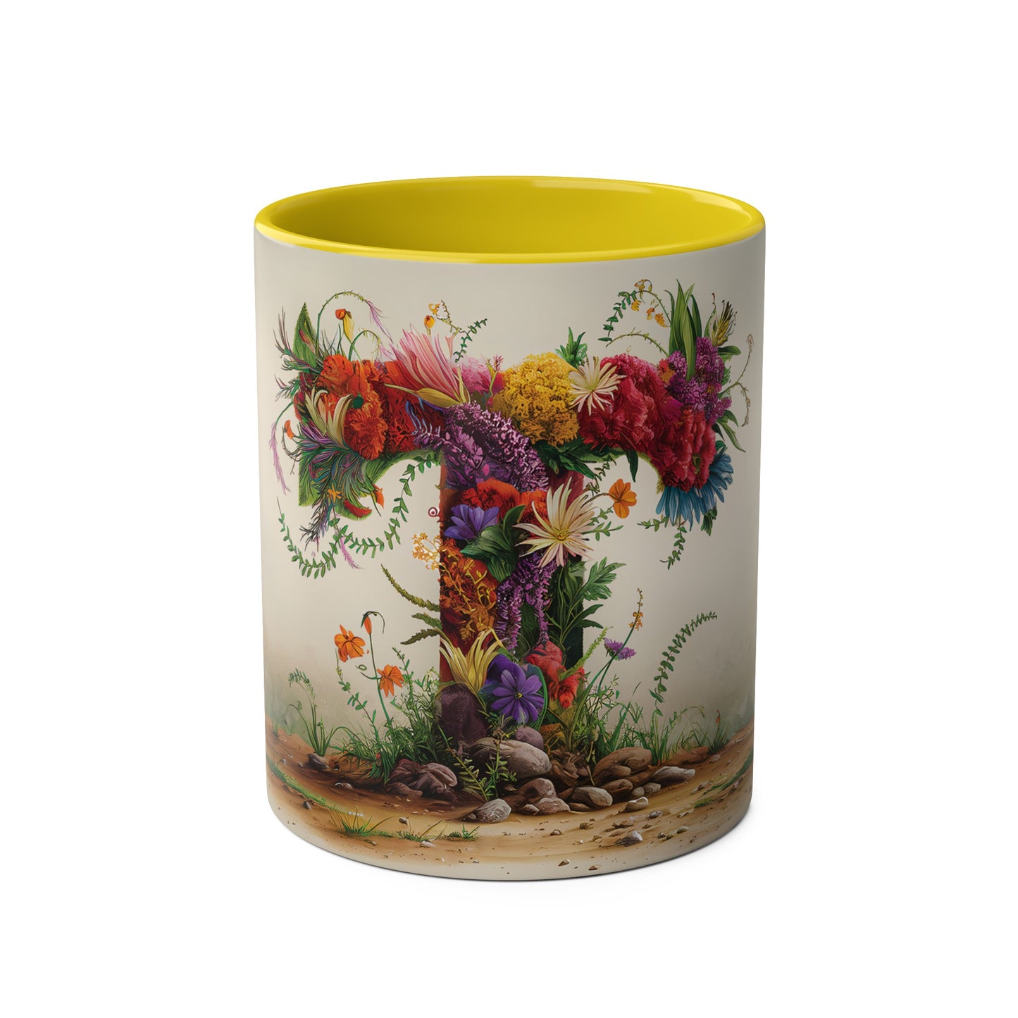 Floral Fantasy Two-Tone Ceramic Mug with Letter T Yellow-01