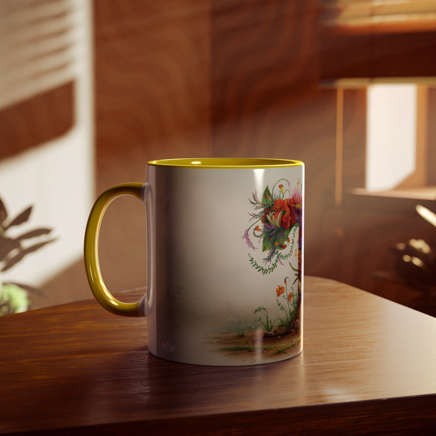 Floral Fantasy Two-Tone Ceramic Mug with Letter T Yellow-04