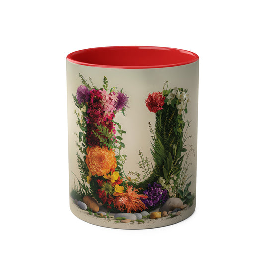 Floral Fantasy Two-Tone Ceramic Mug with Letter U Red-01