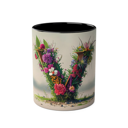 Floral Fantasy Two-Tone Ceramic Mug with Letter V Black-01