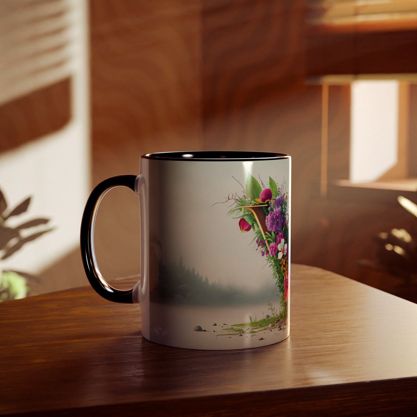 Floral Fantasy Two-Tone Ceramic Mug with Letter V Black-04