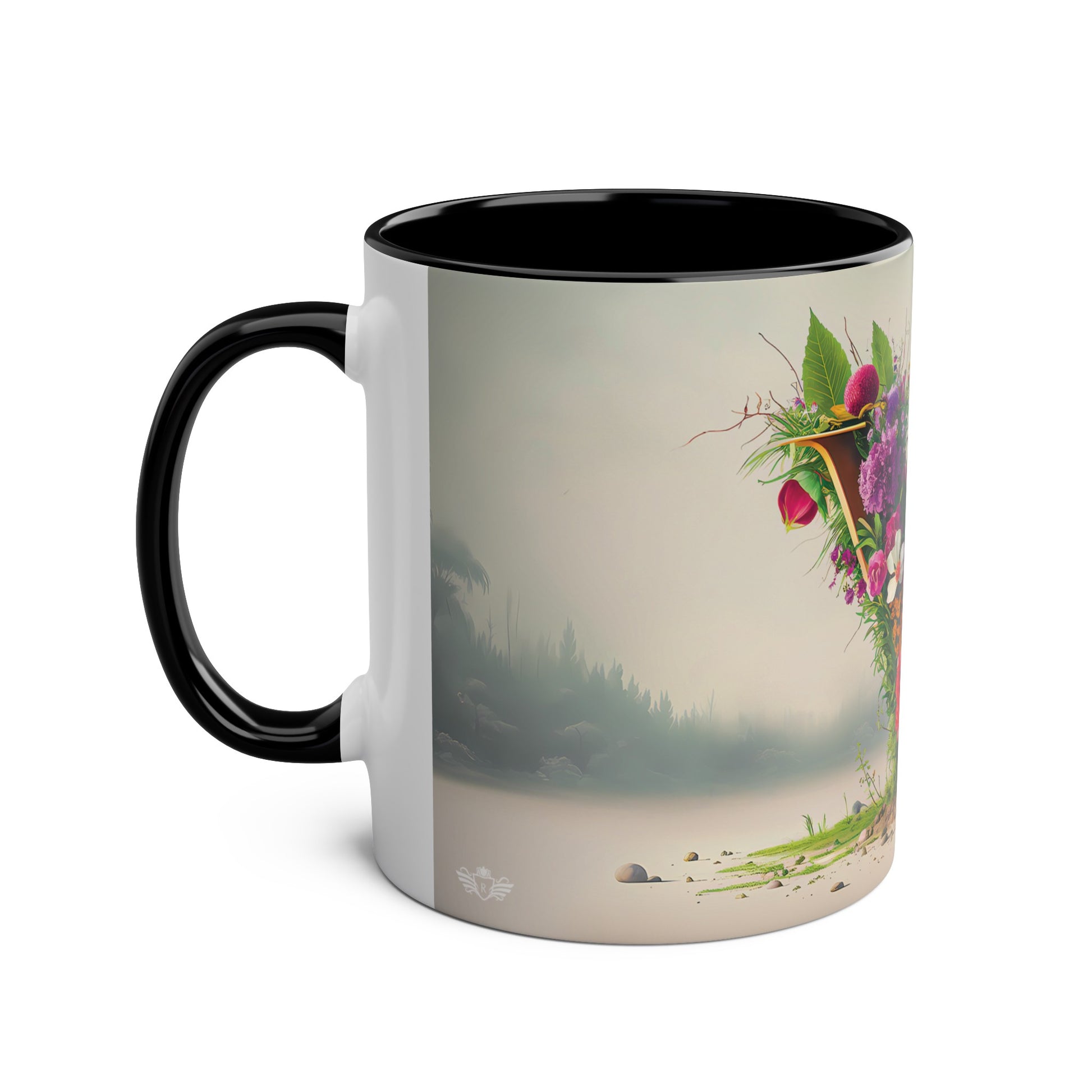 Floral Fantasy Two-Tone Ceramic Mug with Letter V Black-02