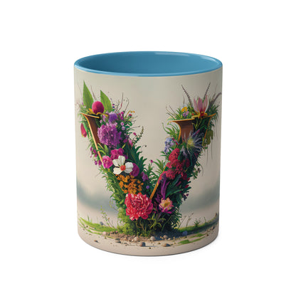 Floral Fantasy Two-Tone Ceramic Mug with Letter V Blue-01