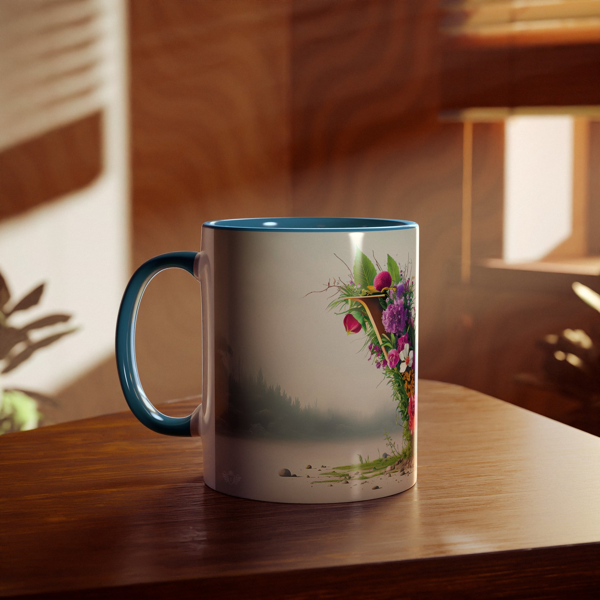 Floral Fantasy Two-Tone Ceramic Mug with Letter V Blue-04