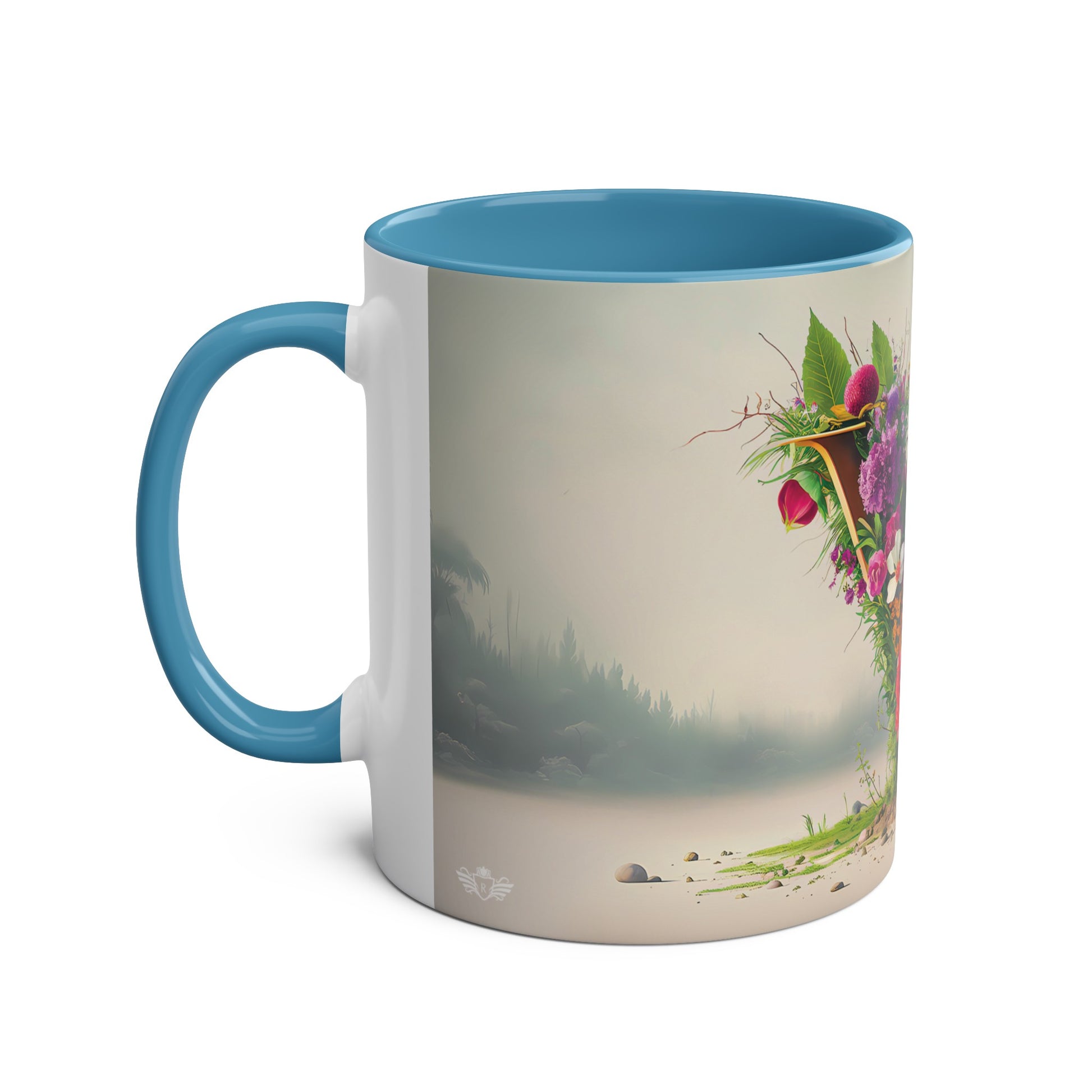 Floral Fantasy Two-Tone Ceramic Mug with Letter V Blue-02