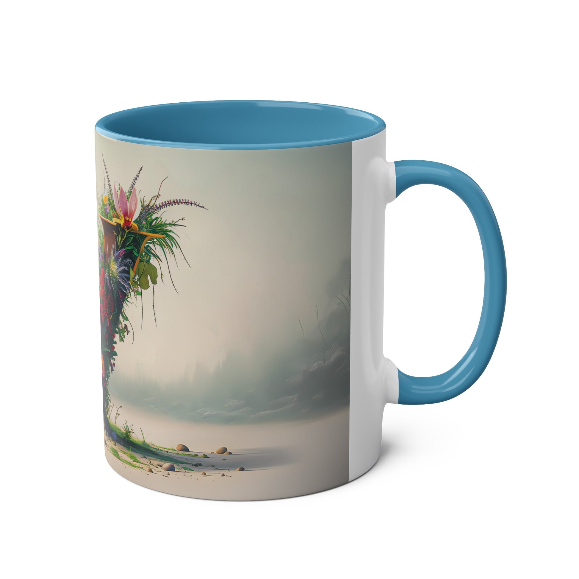 Floral Fantasy Two-Tone Ceramic Mug with Letter V Blue-03