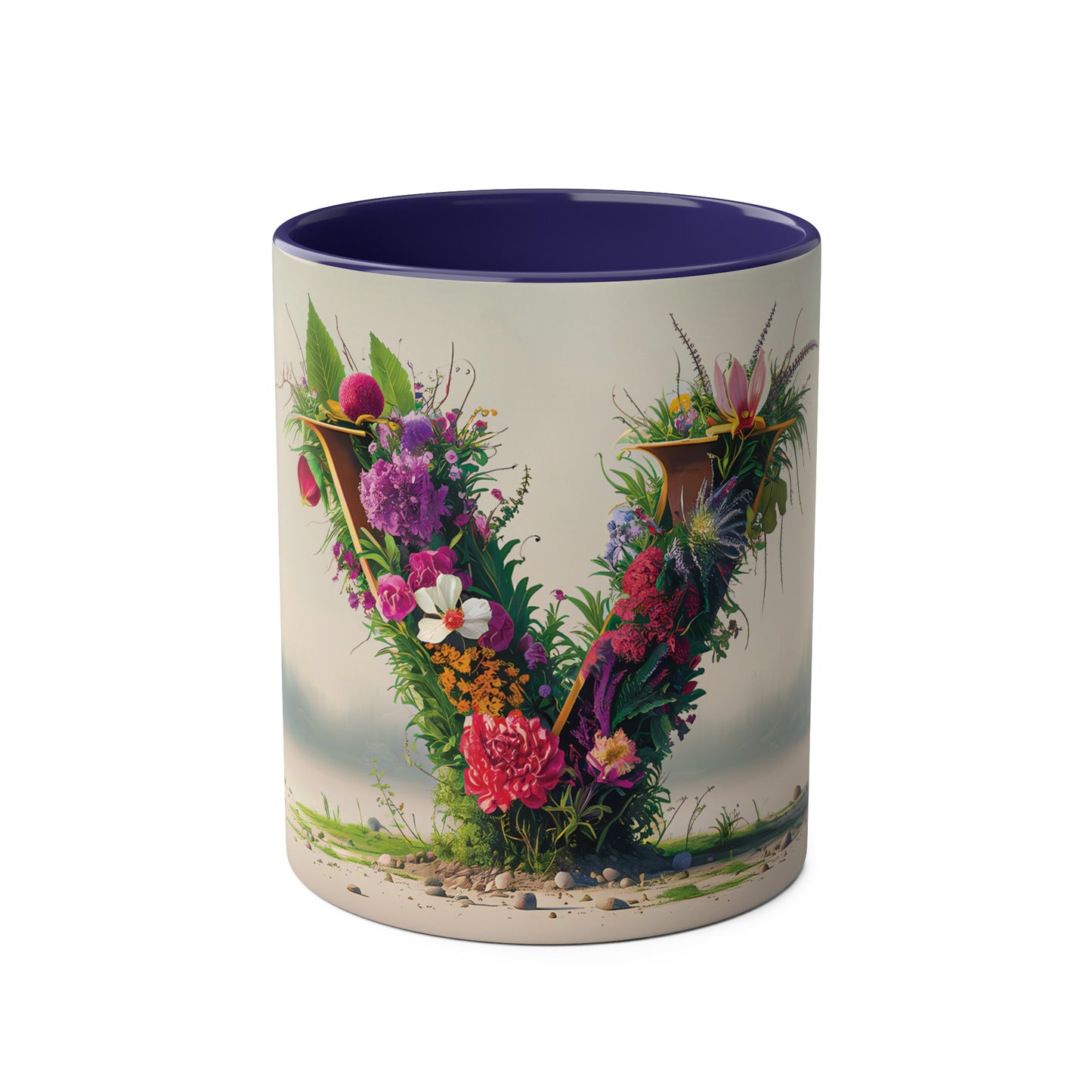 Floral Fantasy Two-Tone Ceramic Mug with Letter V Dark Blue-01