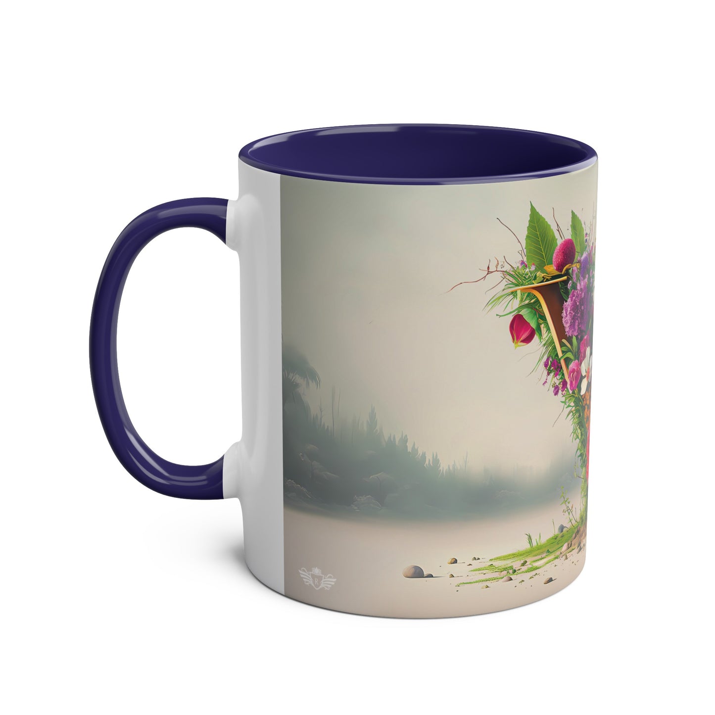 Floral Fantasy Two-Tone Ceramic Mug with Letter V Dark Blue-02