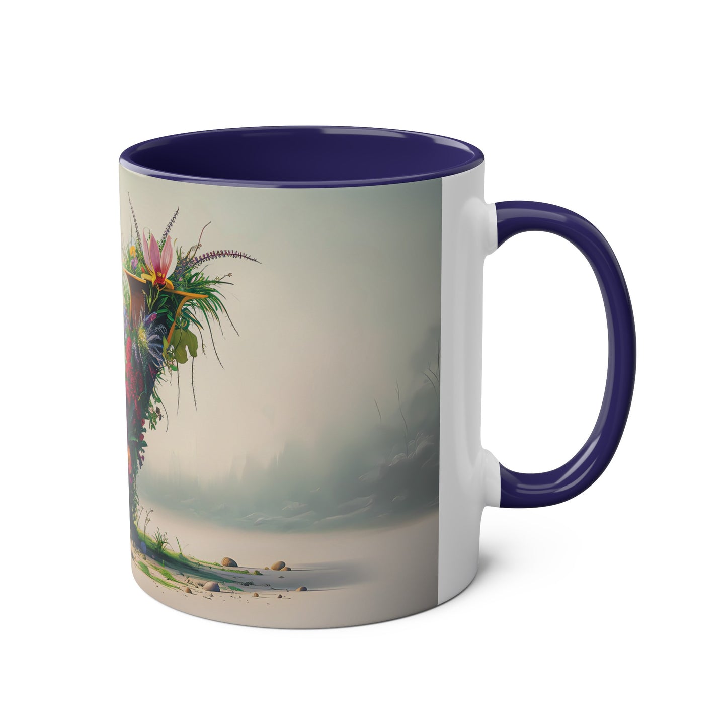 Floral Fantasy Two-Tone Ceramic Mug with Letter V Dark Blue-03