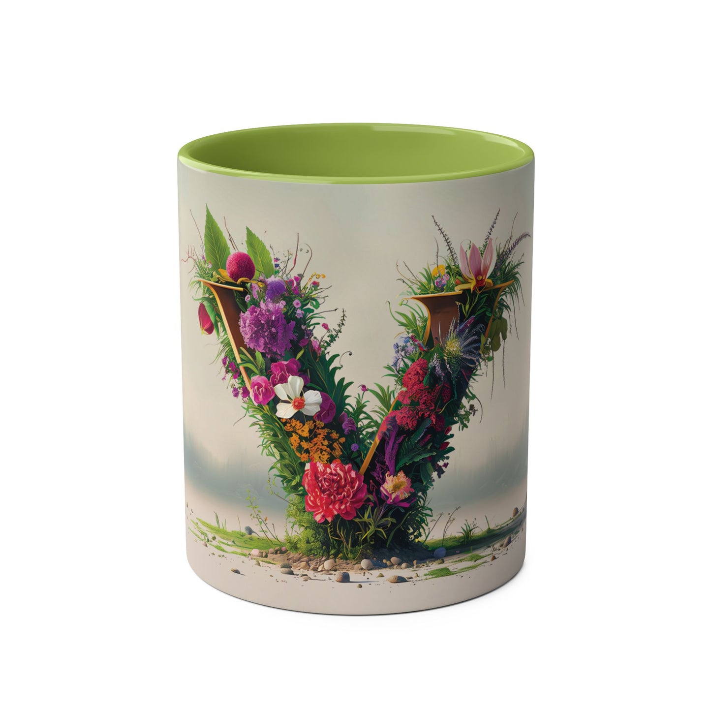 Floral Fantasy Two-Tone Ceramic Mug with Letter V