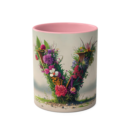 Floral Fantasy Two-Tone Ceramic Mug with Letter V Pink-01