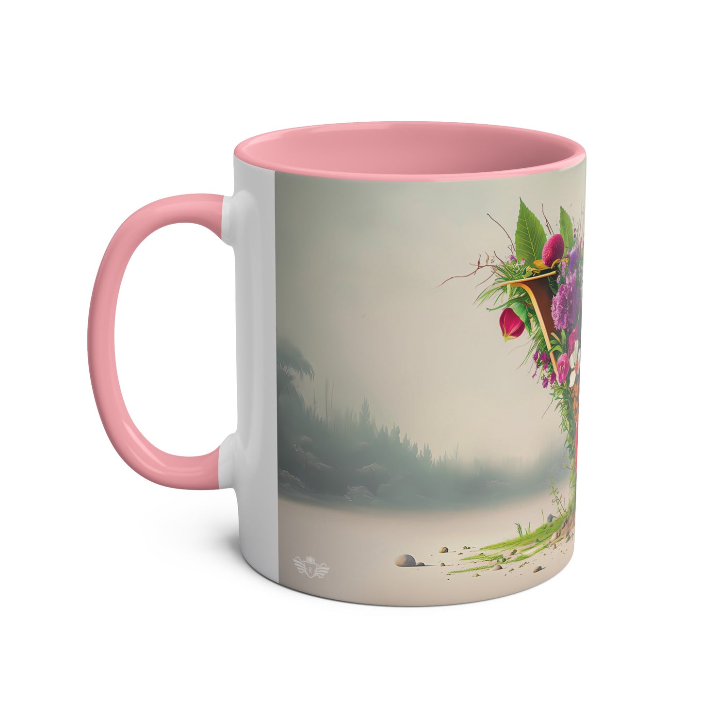 Floral Fantasy Two-Tone Ceramic Mug with Letter V Pink-02