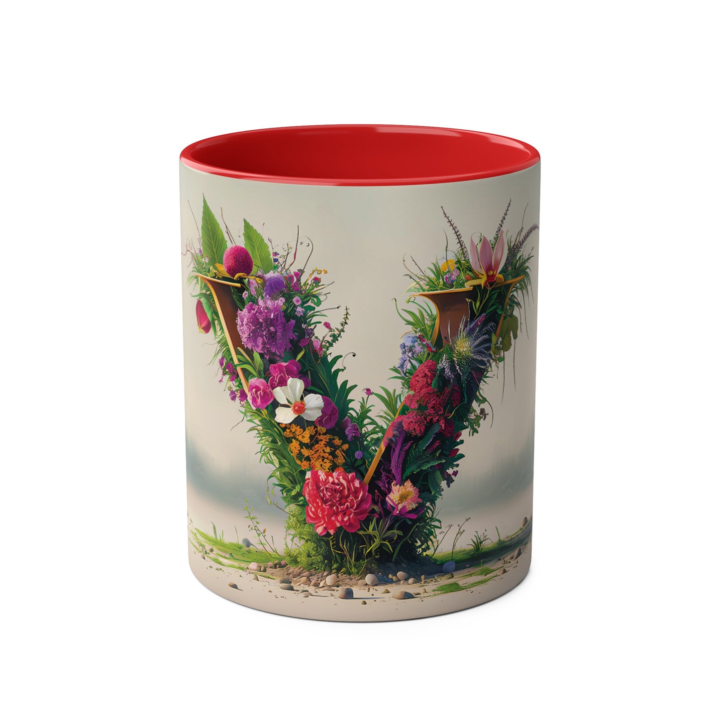 Floral Fantasy Two-Tone Ceramic Mug with Letter V Red-01