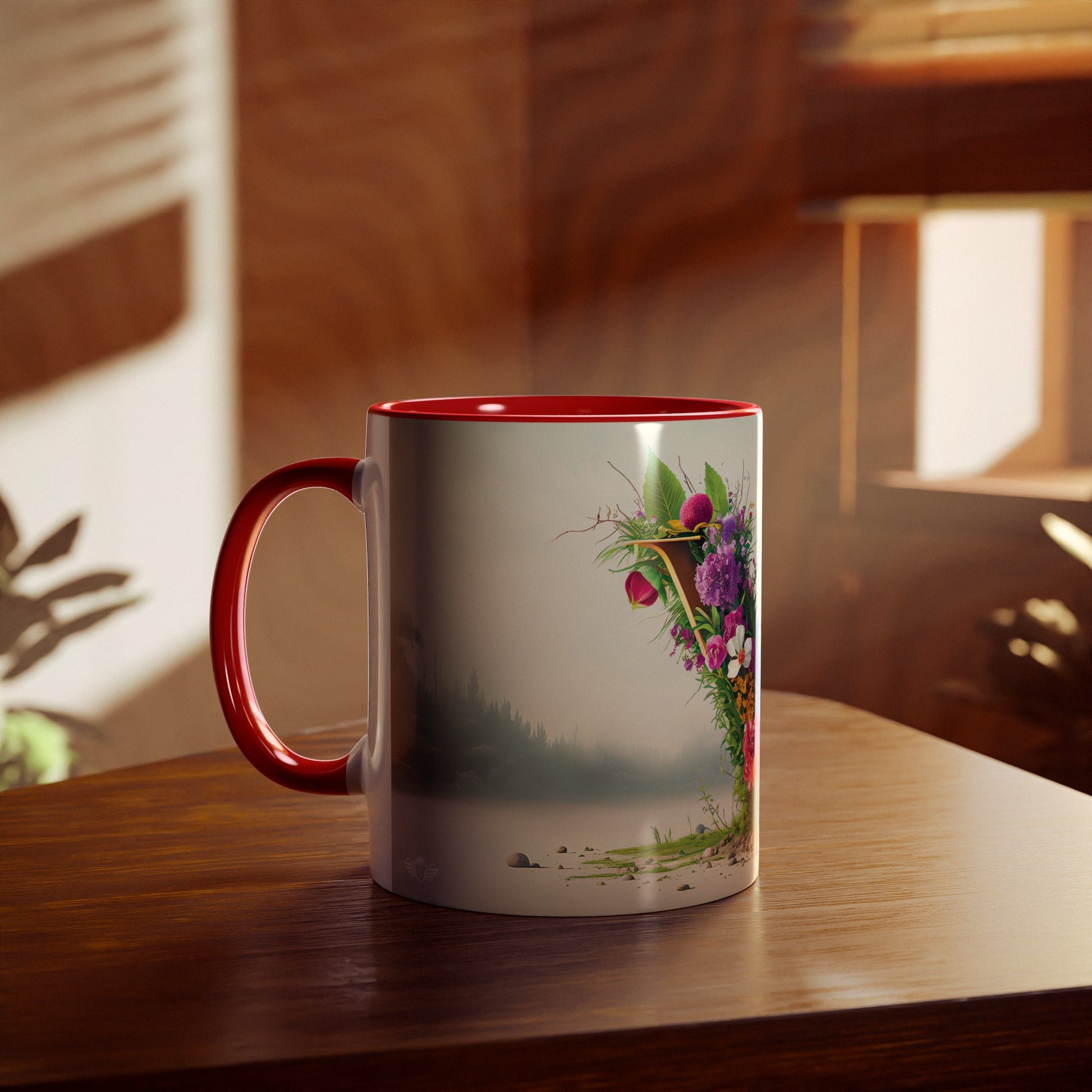 Floral Fantasy Two-Tone Ceramic Mug with Letter V Red-04