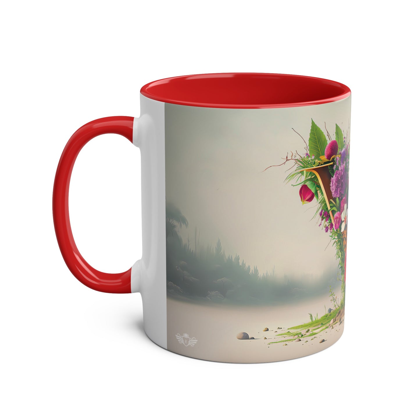 Floral Fantasy Two-Tone Ceramic Mug with Letter V Red-02