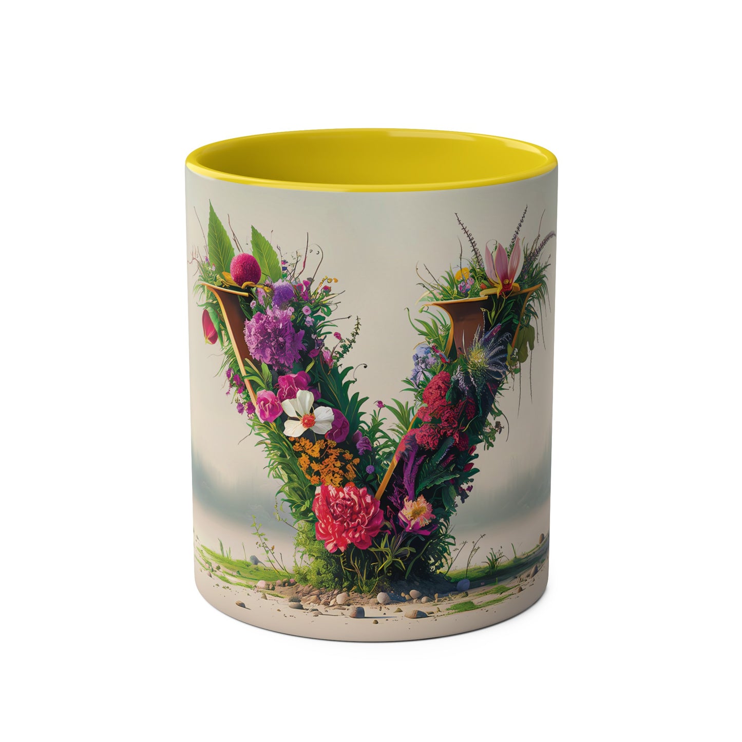 Floral Fantasy Two-Tone Ceramic Mug with Letter V Yellow-01