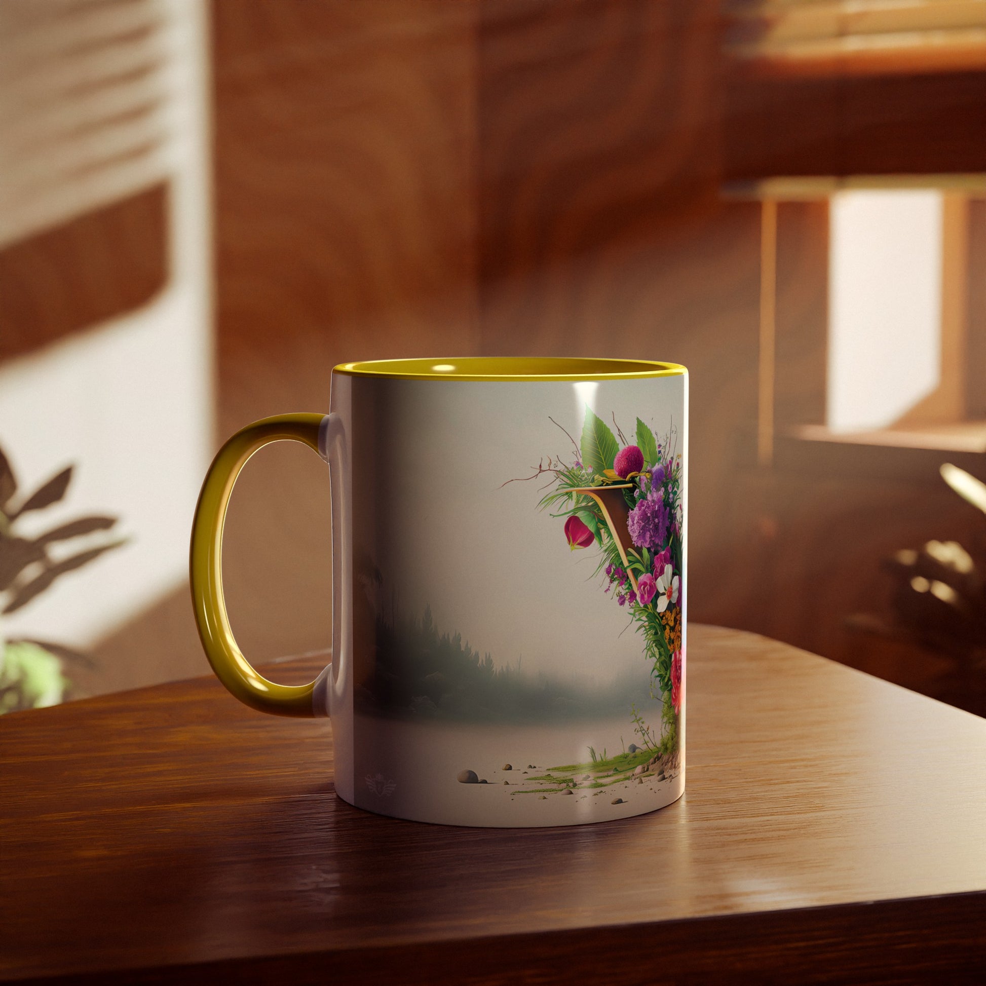 Floral Fantasy Two-Tone Ceramic Mug with Letter V Yellow-04