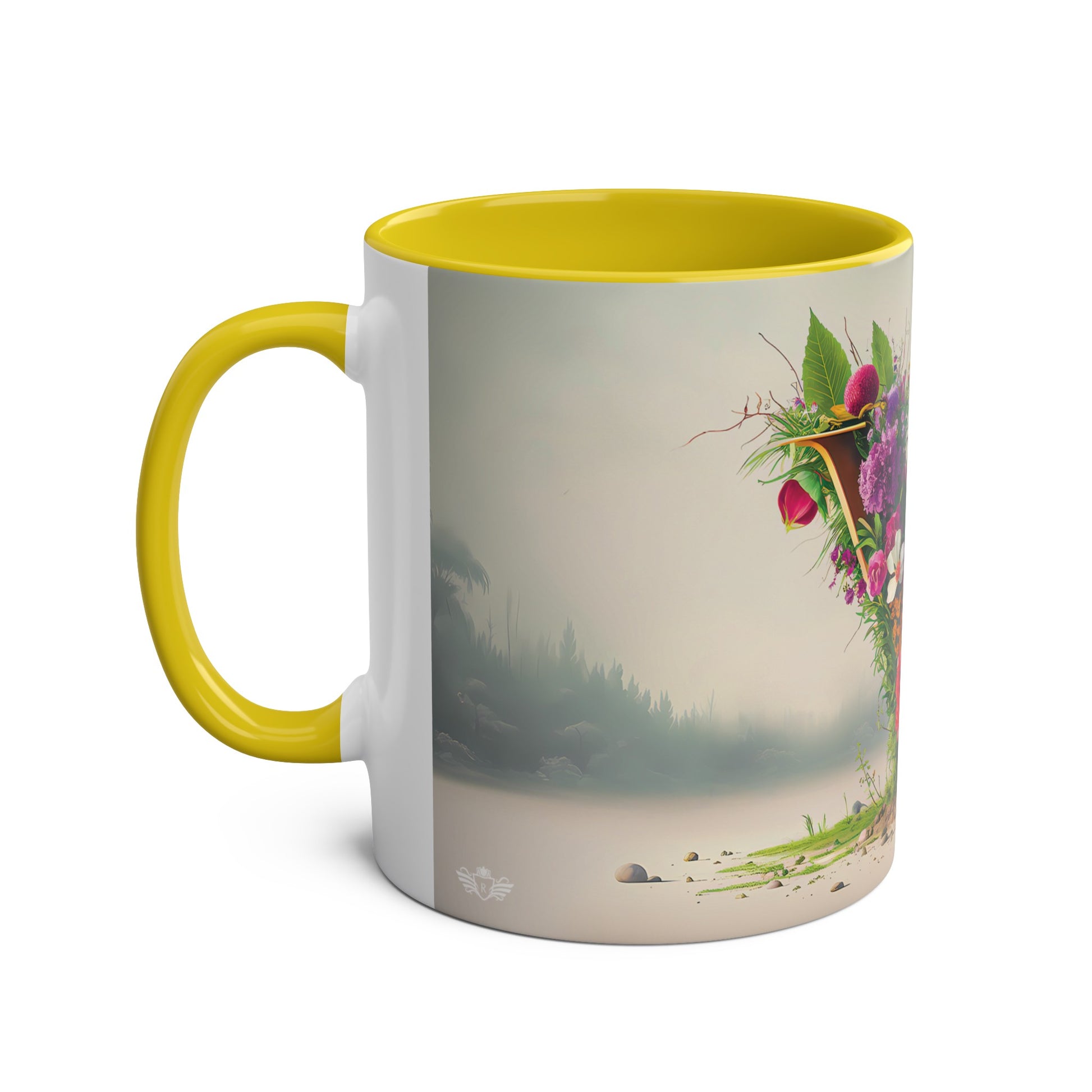 Floral Fantasy Two-Tone Ceramic Mug with Letter V Yellow-02