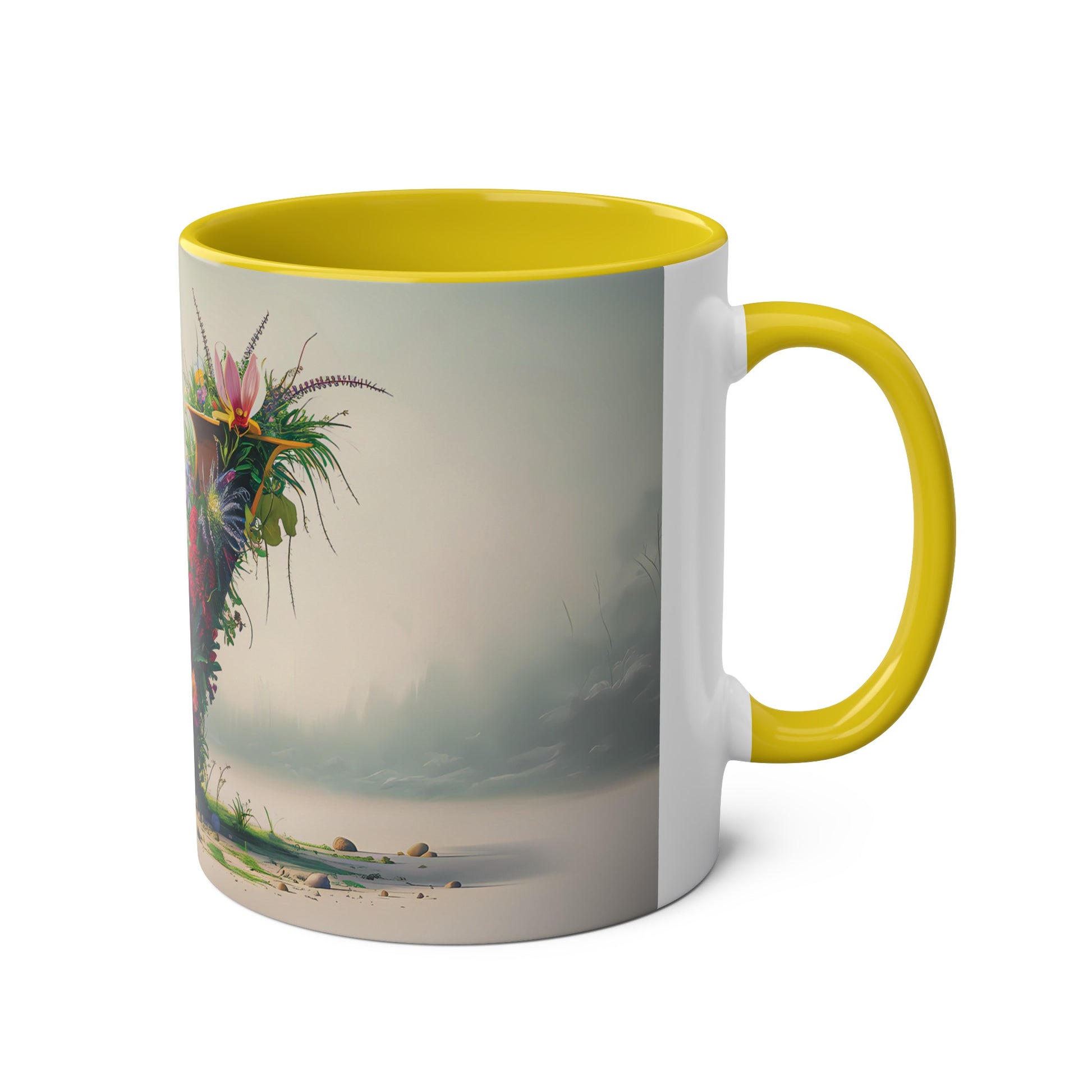 Floral Fantasy Two-Tone Ceramic Mug with Letter V Yellow-03