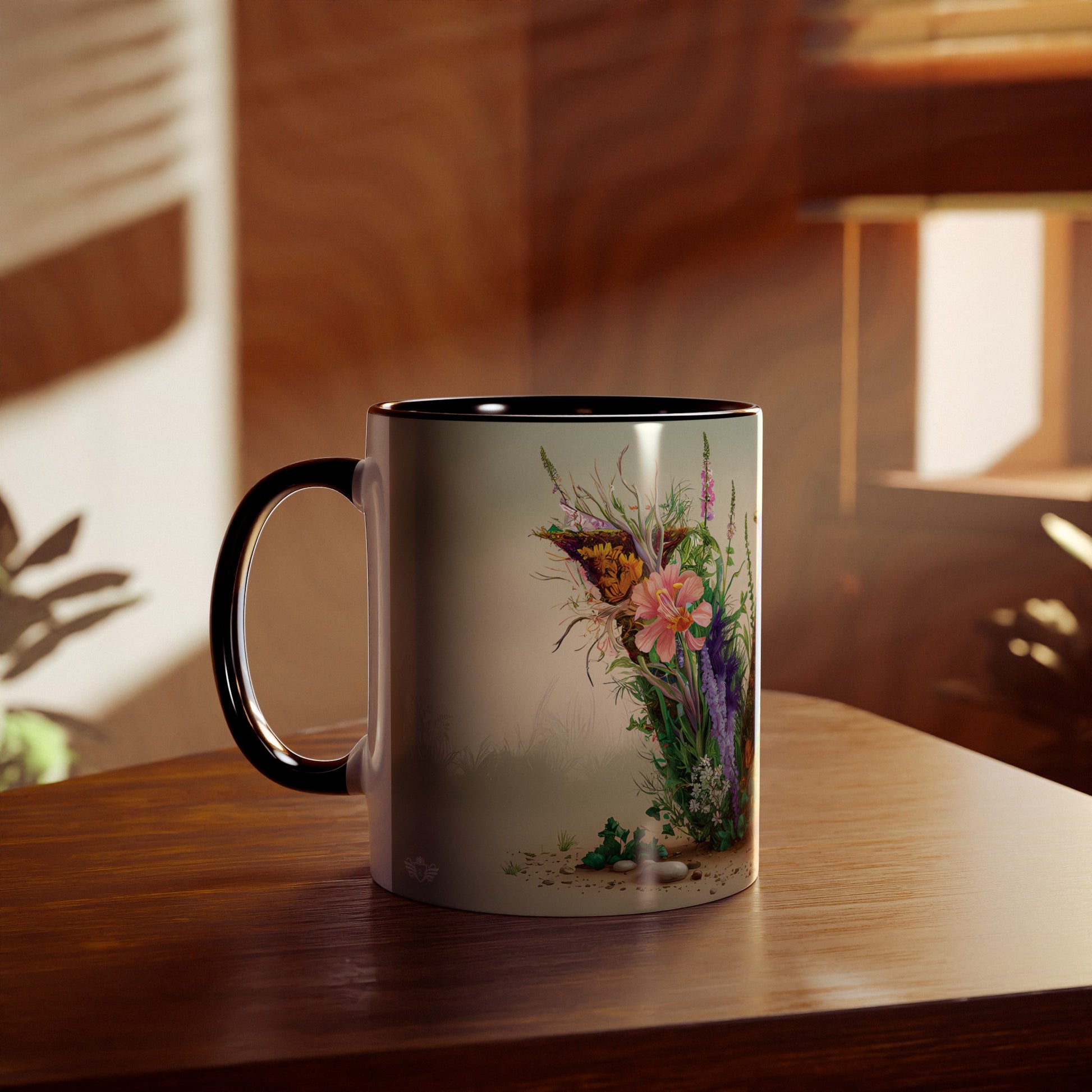 Floral Fantasy Two-Tone Ceramic Mug with Letter W Black-04