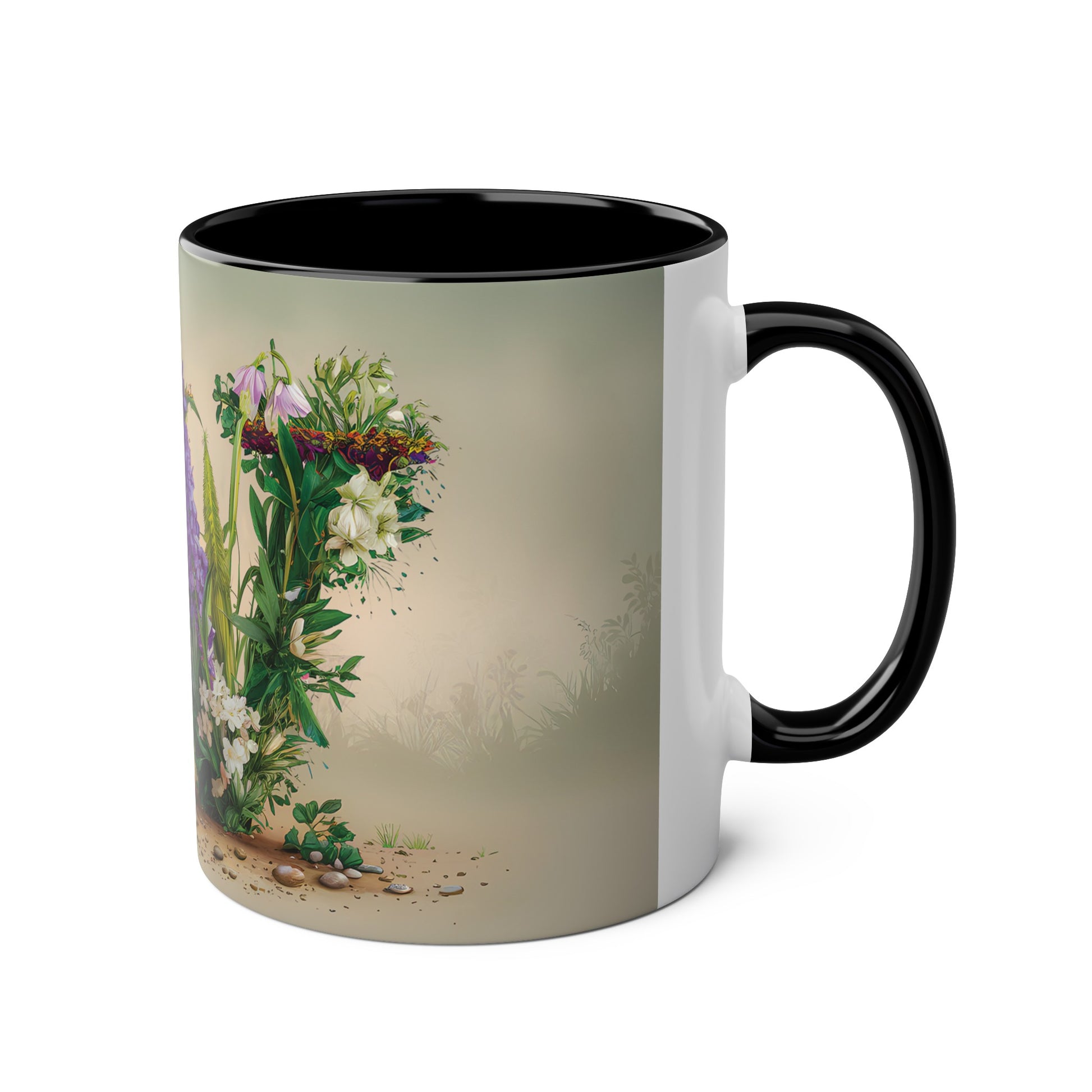 Floral Fantasy Two-Tone Ceramic Mug with Letter W Black-03