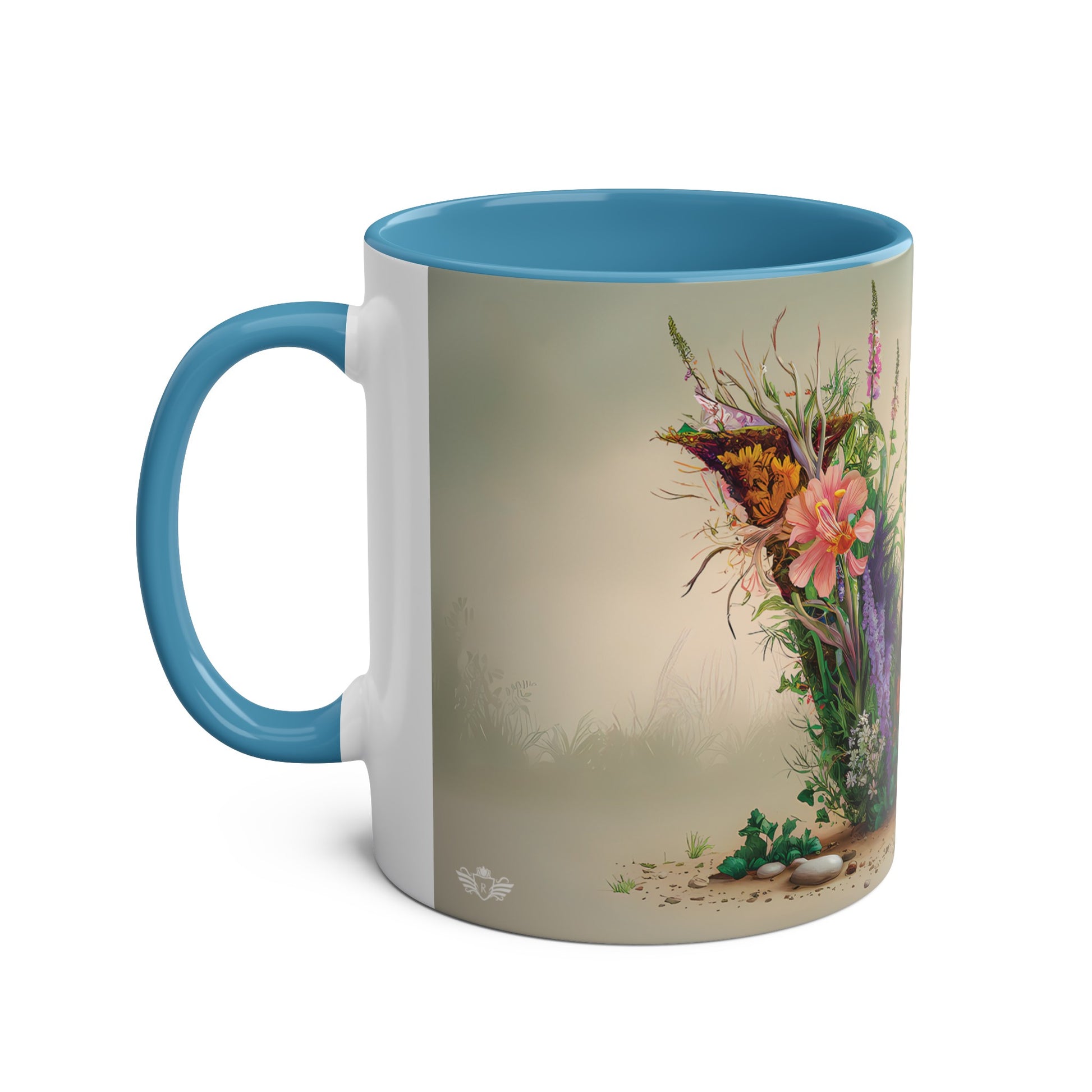 Floral Fantasy Two-Tone Ceramic Mug with Letter W Blue-02