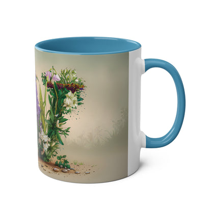 Floral Fantasy Two-Tone Ceramic Mug with Letter W Blue-03