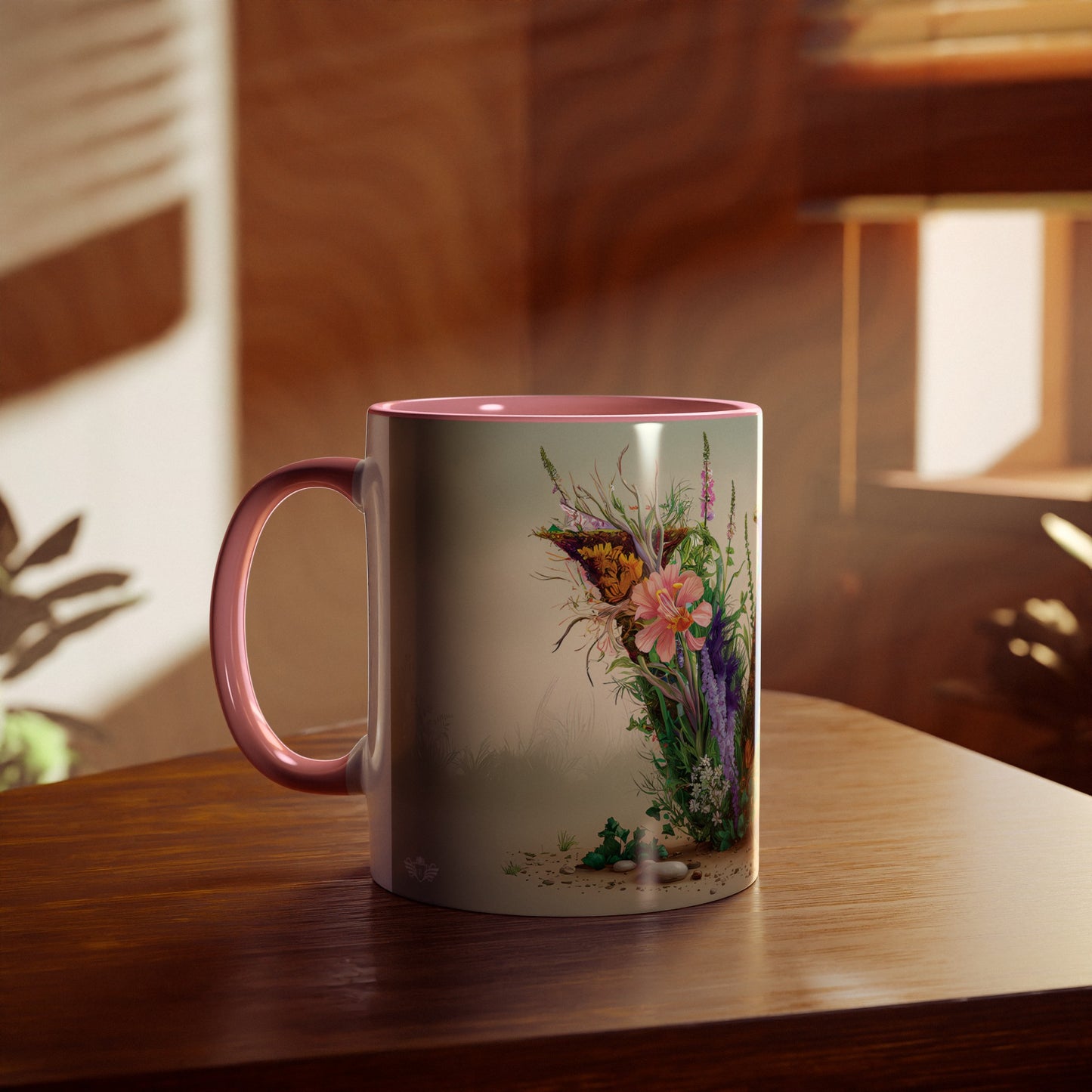 Floral Fantasy Two-Tone Ceramic Mug with Letter W Pink-04