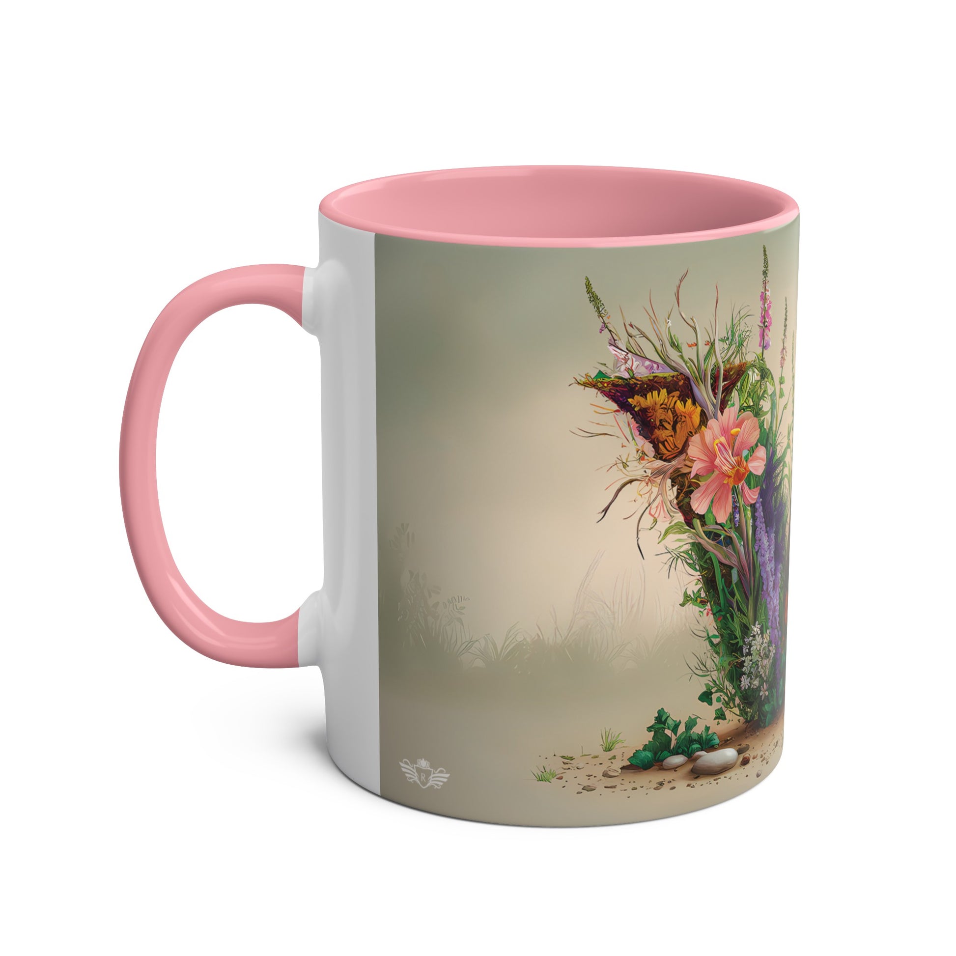 Floral Fantasy Two-Tone Ceramic Mug with Letter W Pink-02