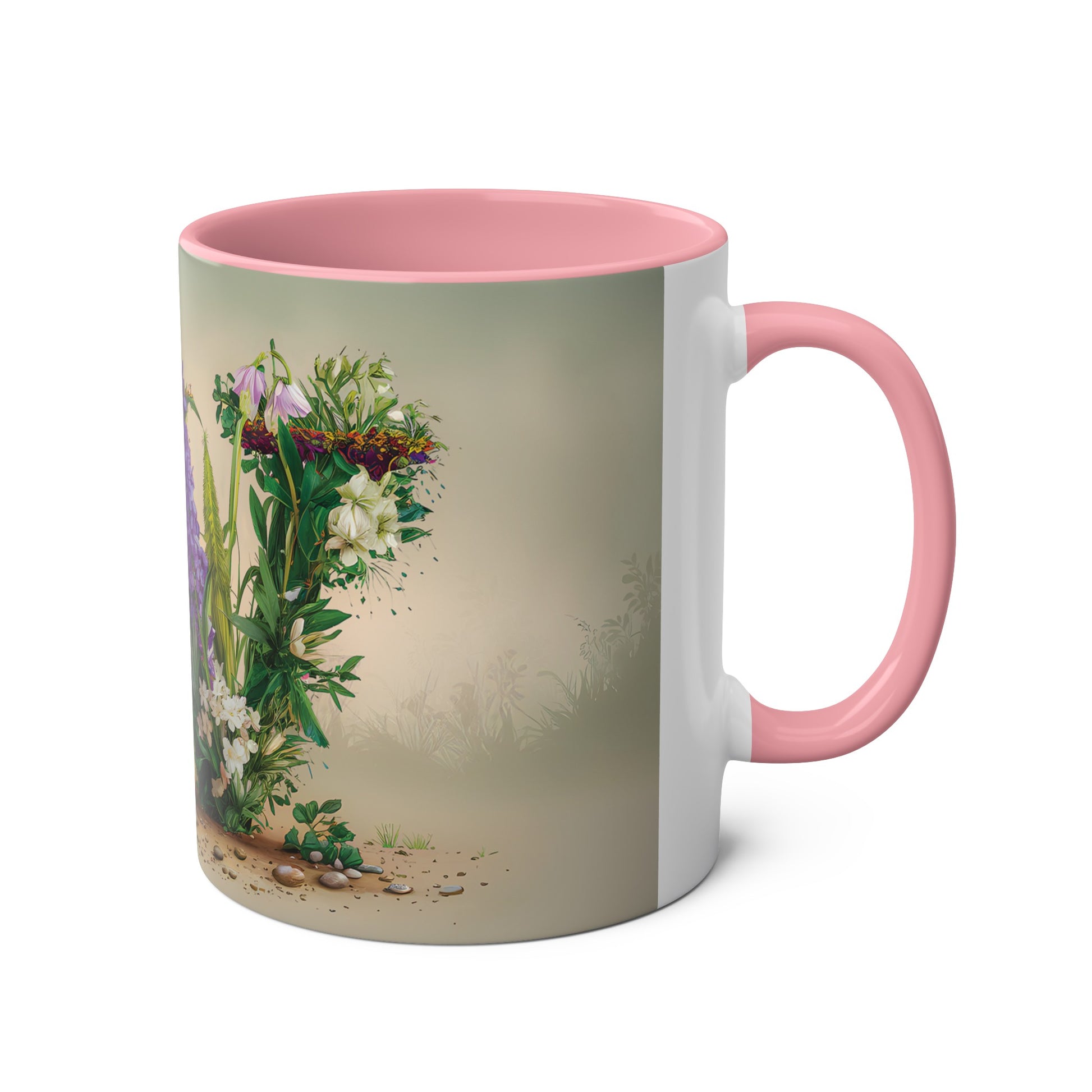 Floral Fantasy Two-Tone Ceramic Mug with Letter W Pink-03