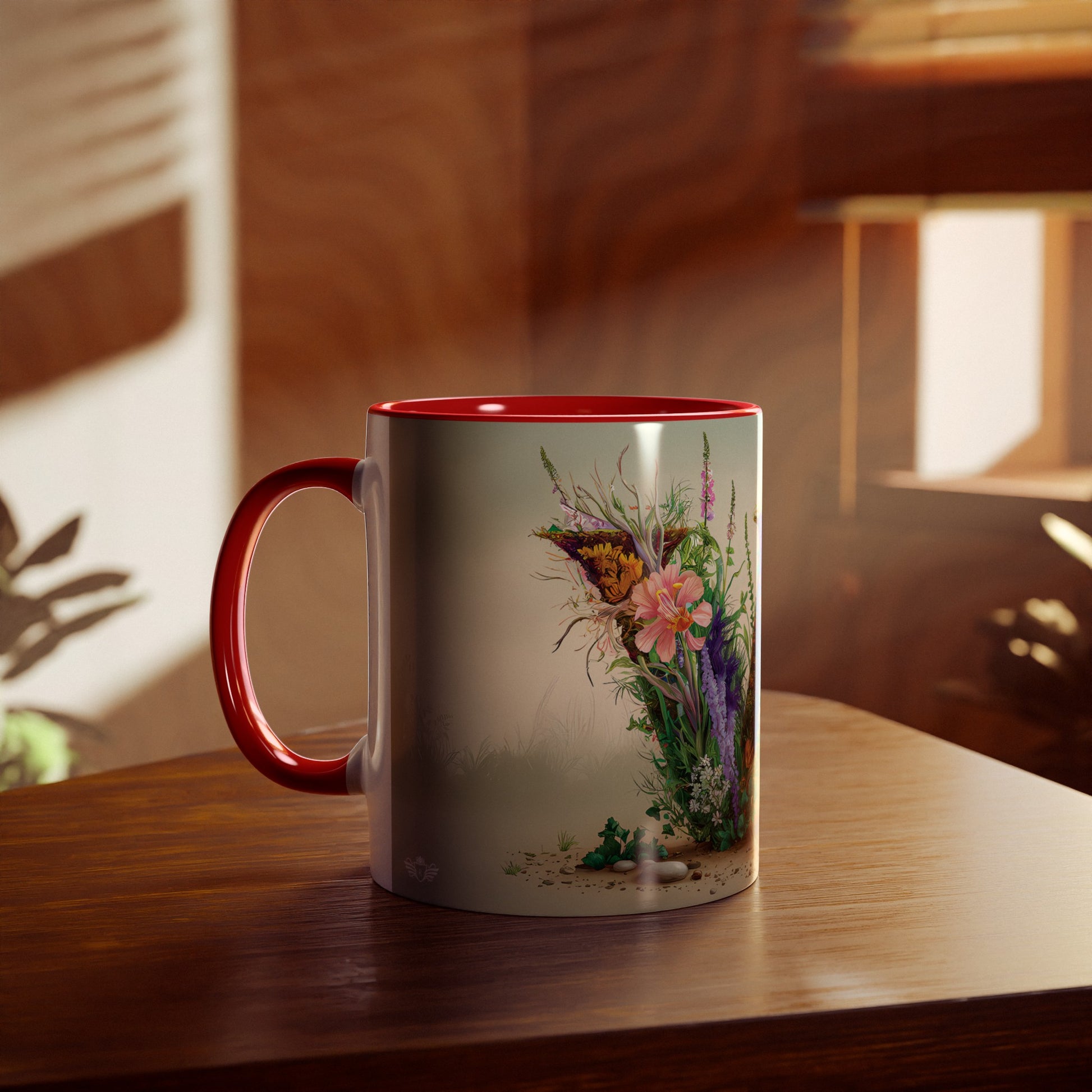 Floral Fantasy Two-Tone Ceramic Mug with Letter W Red-04