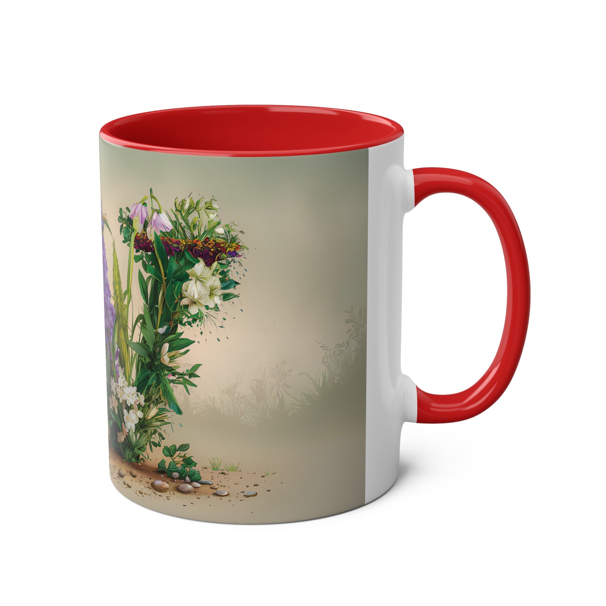 Floral Fantasy Two-Tone Ceramic Mug with Letter W Red-03