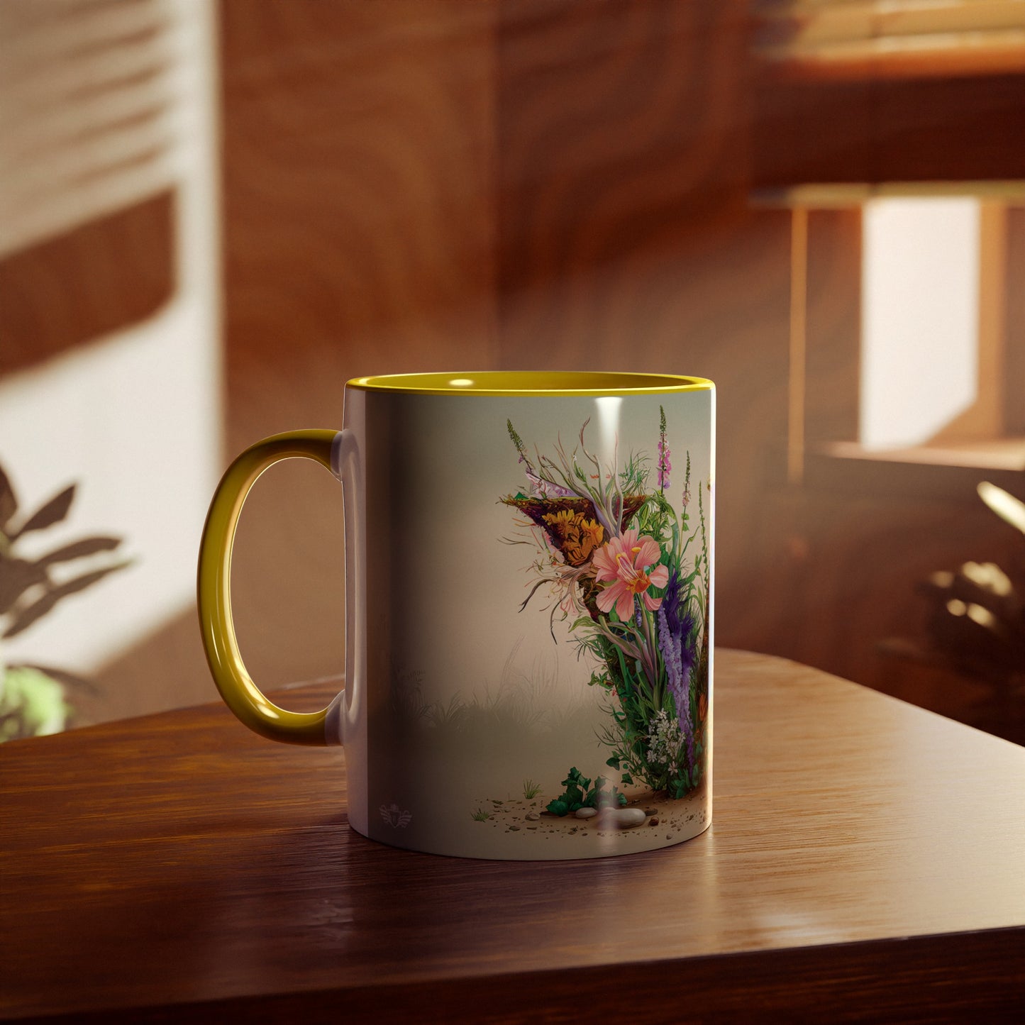 Floral Fantasy Two-Tone Ceramic Mug with Letter W Yellow-04