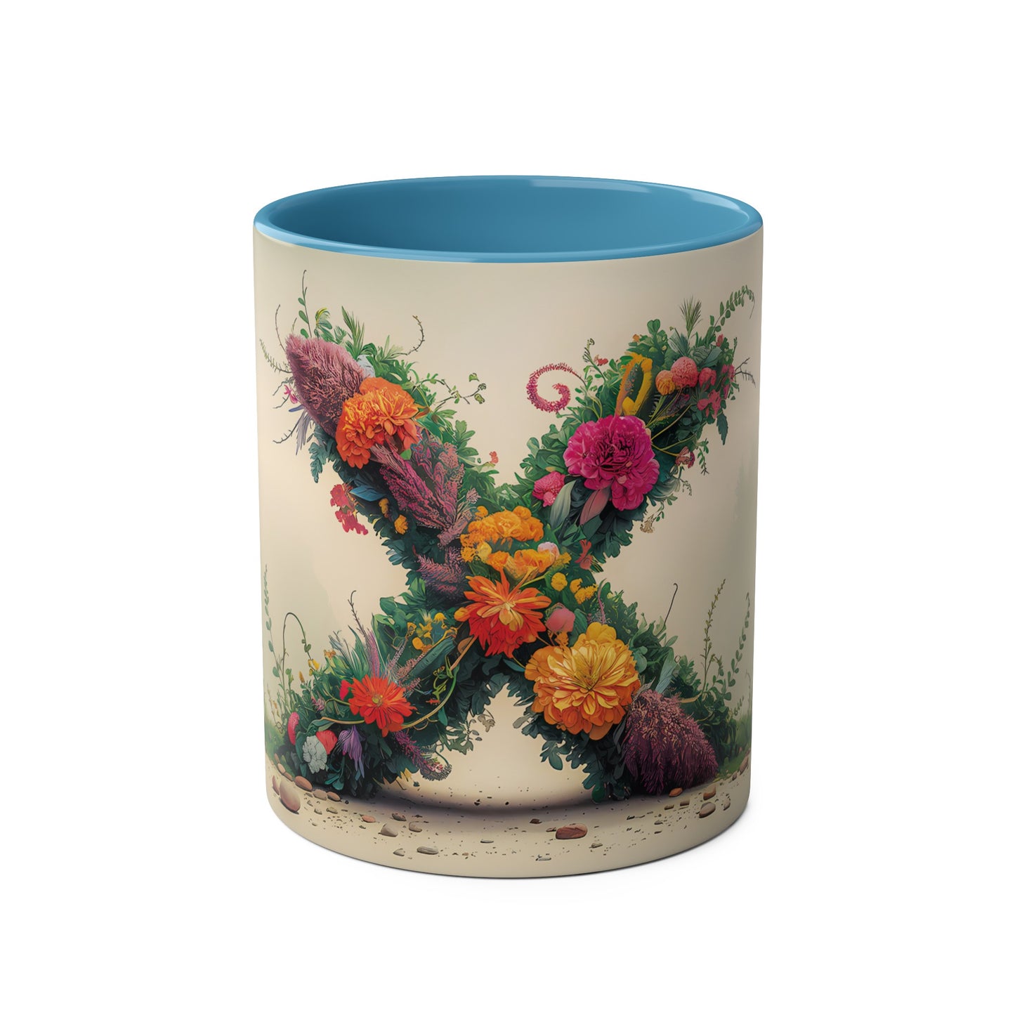 Floral Fantasy Two-Tone Ceramic Mug with Letter X Blue-01