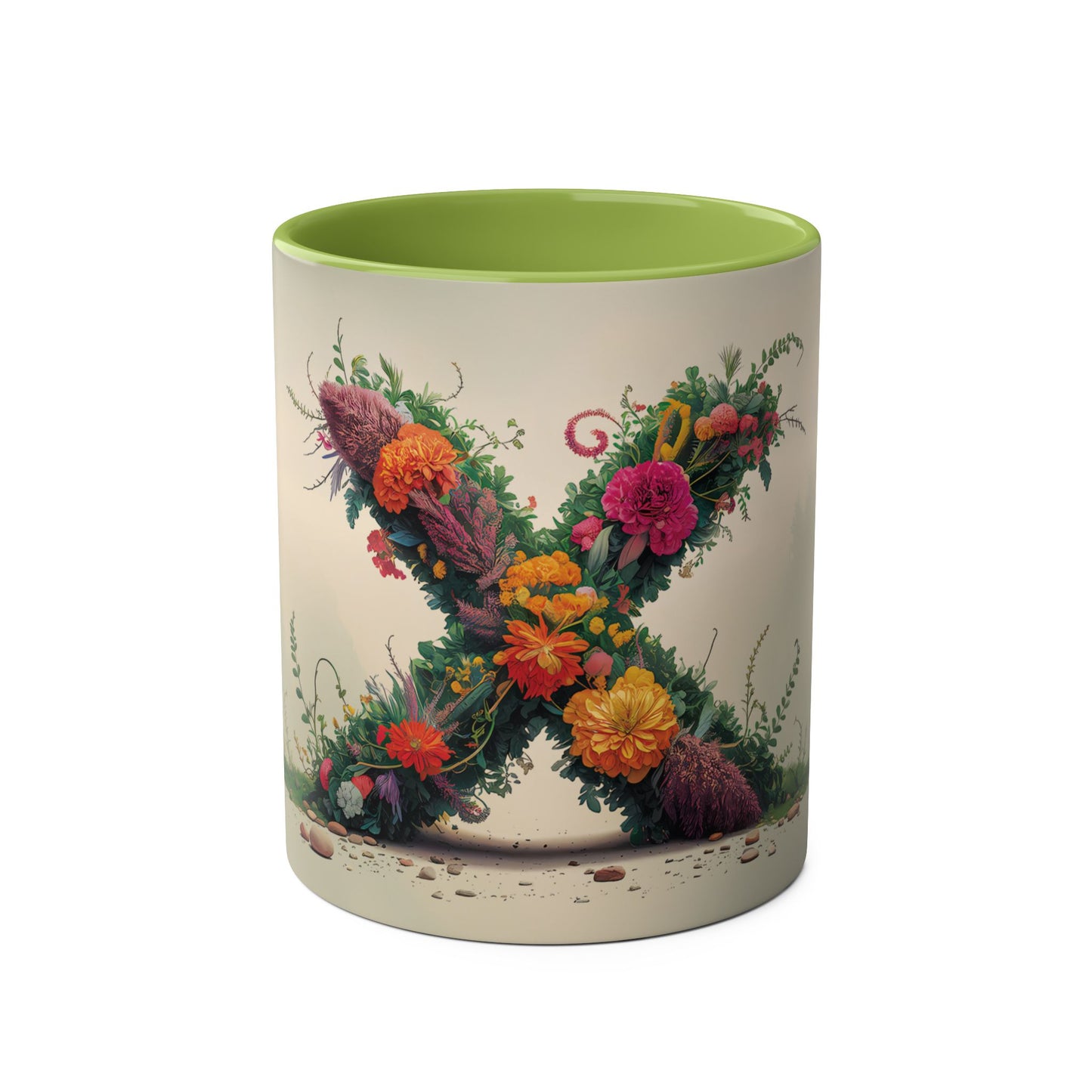 Floral Fantasy Two-Tone Ceramic Mug with Letter X