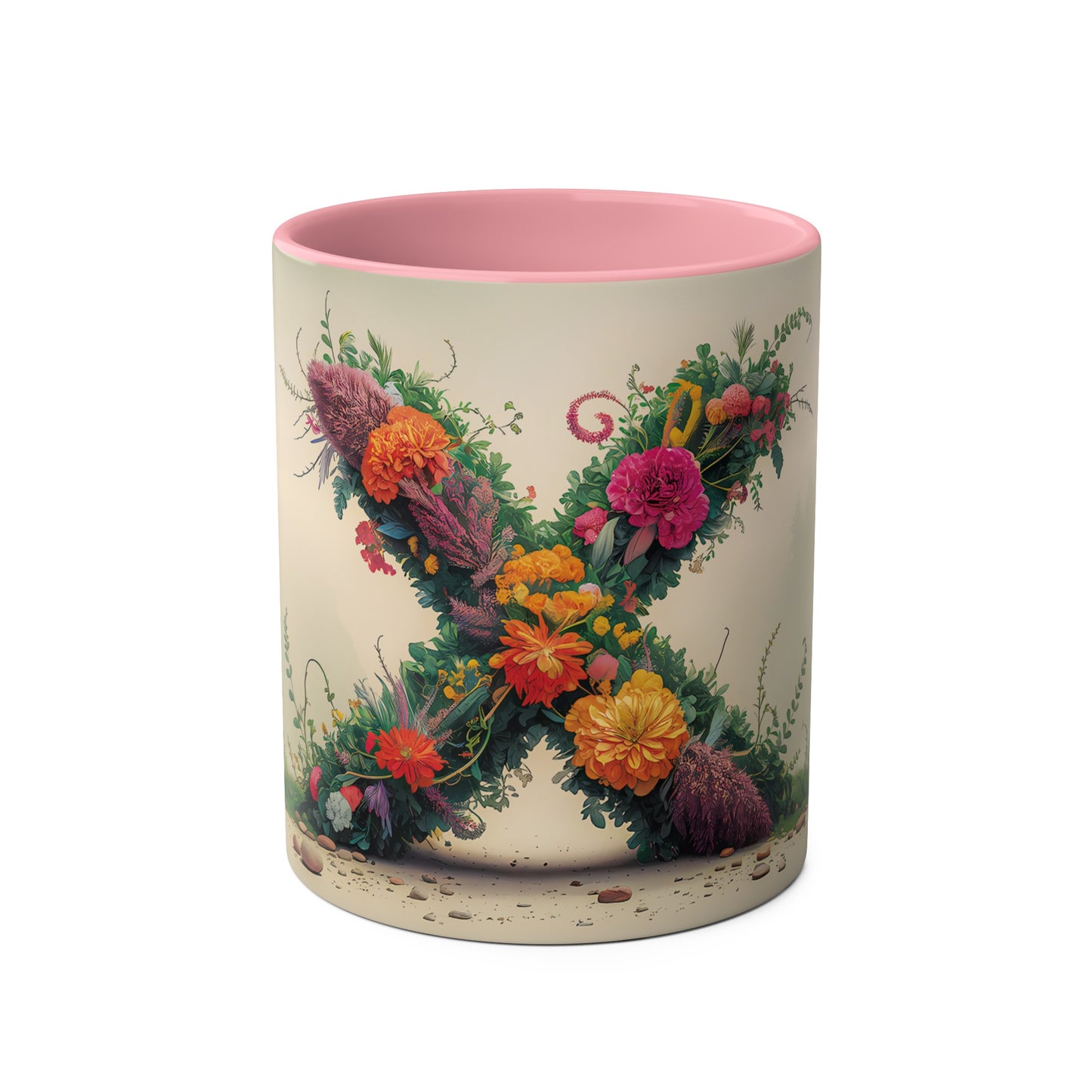 Floral Fantasy Two-Tone Ceramic Mug with Letter X Pink-01