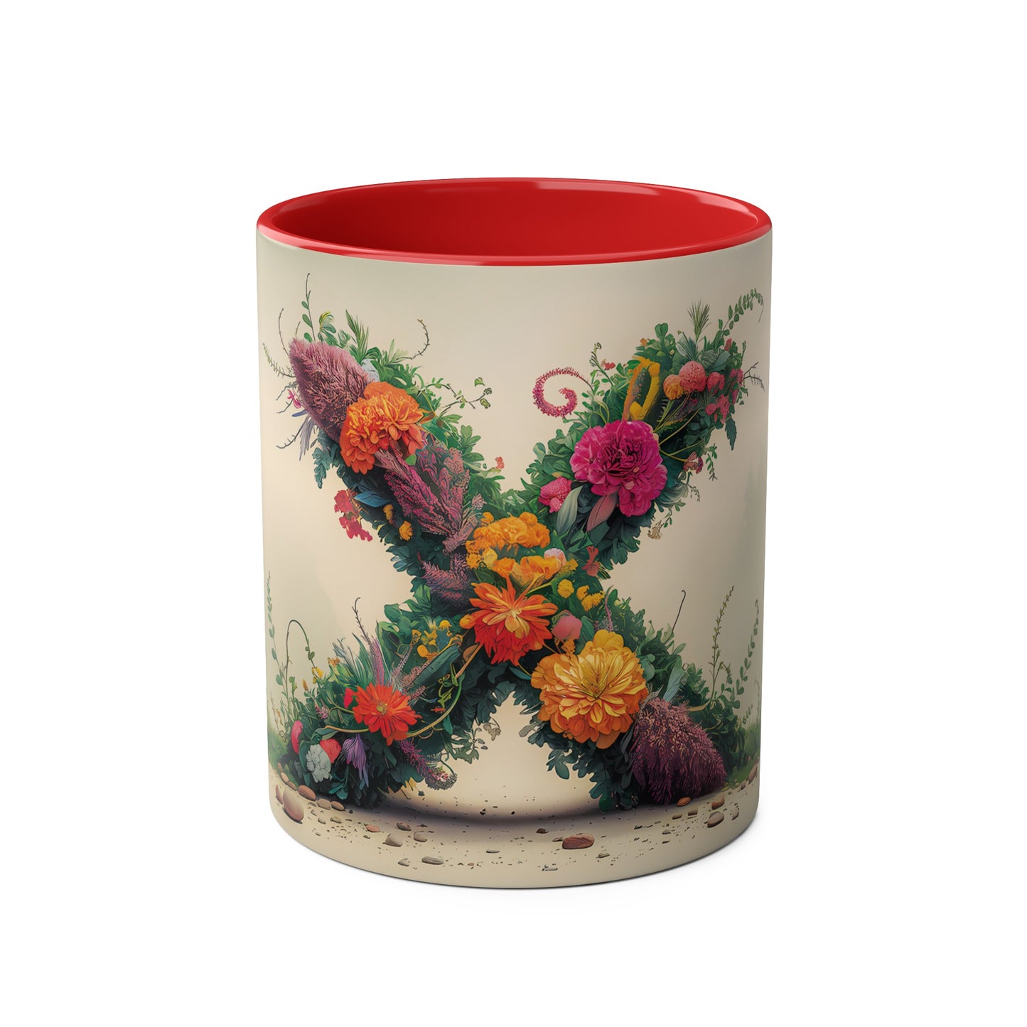 Floral Fantasy Two-Tone Ceramic Mug with Letter X Red-01