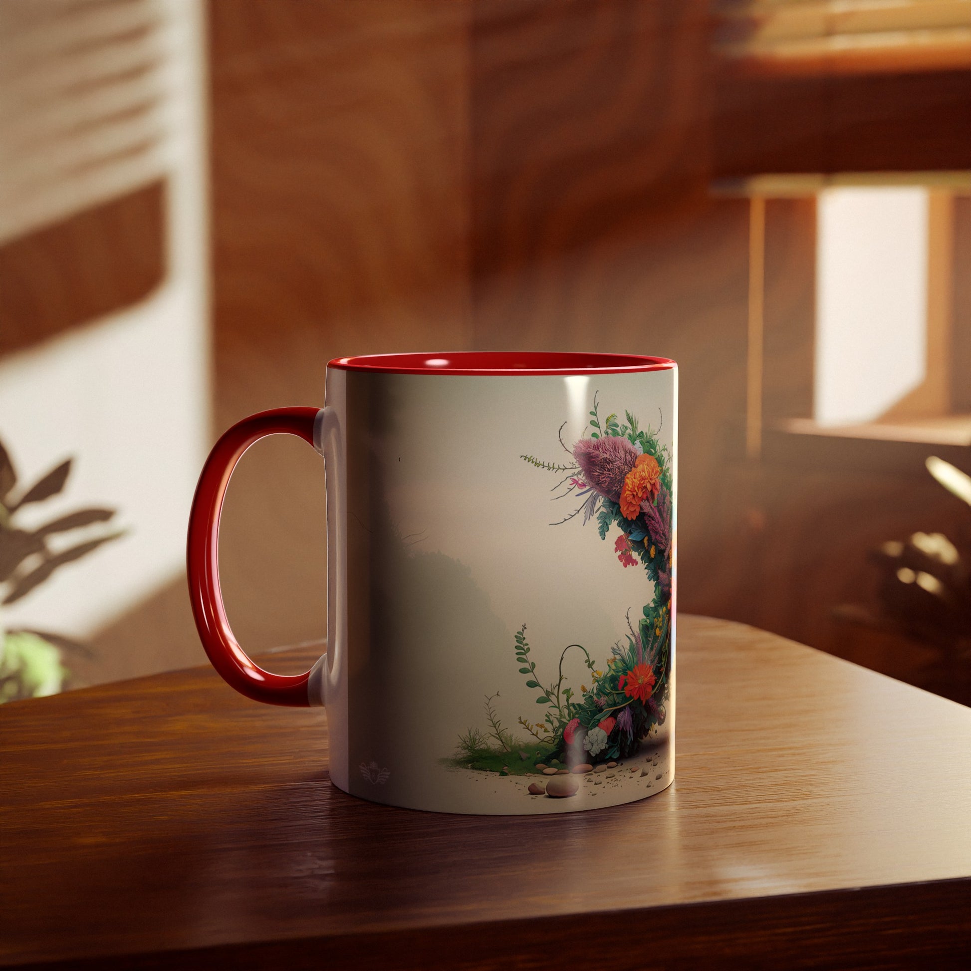 Floral Fantasy Two-Tone Ceramic Mug with Letter X Red-04